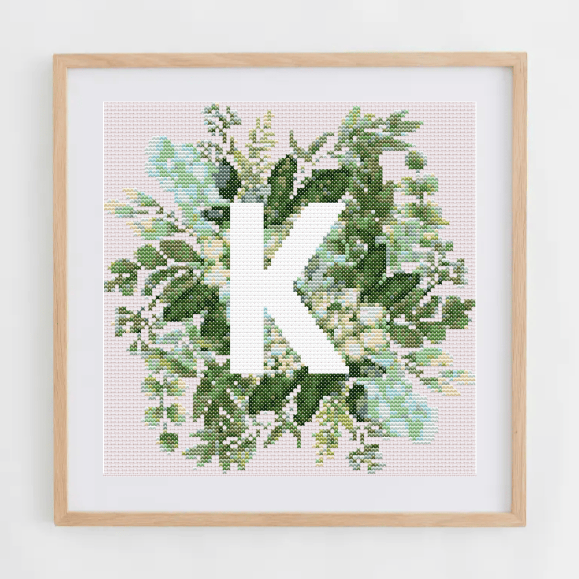 Monogram Cross-Stitch Pattern With Green Bouquet | Initial Cross Stitch Chart With Flowers and Leaves | Cross Stitch PDF
