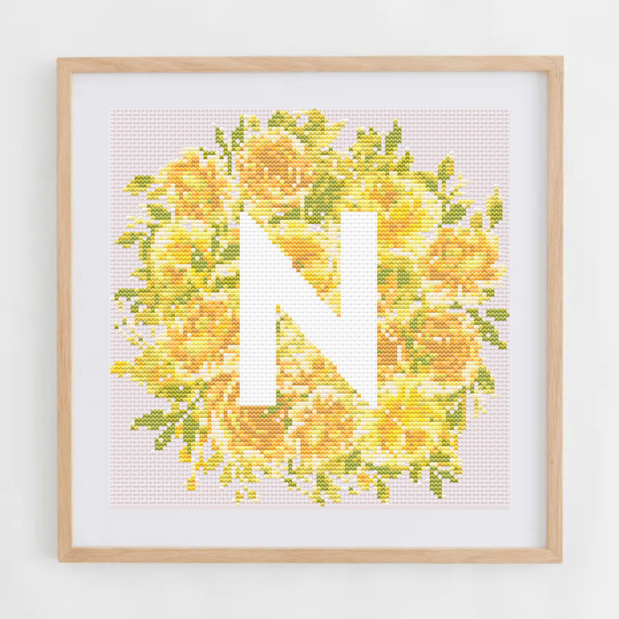 Initial Cross Stitch Pattern With Yellow Flowers in PDF | Floral & Modern Monogram Cross Stitch Chart To Download | Letters Cross Stitch PDF