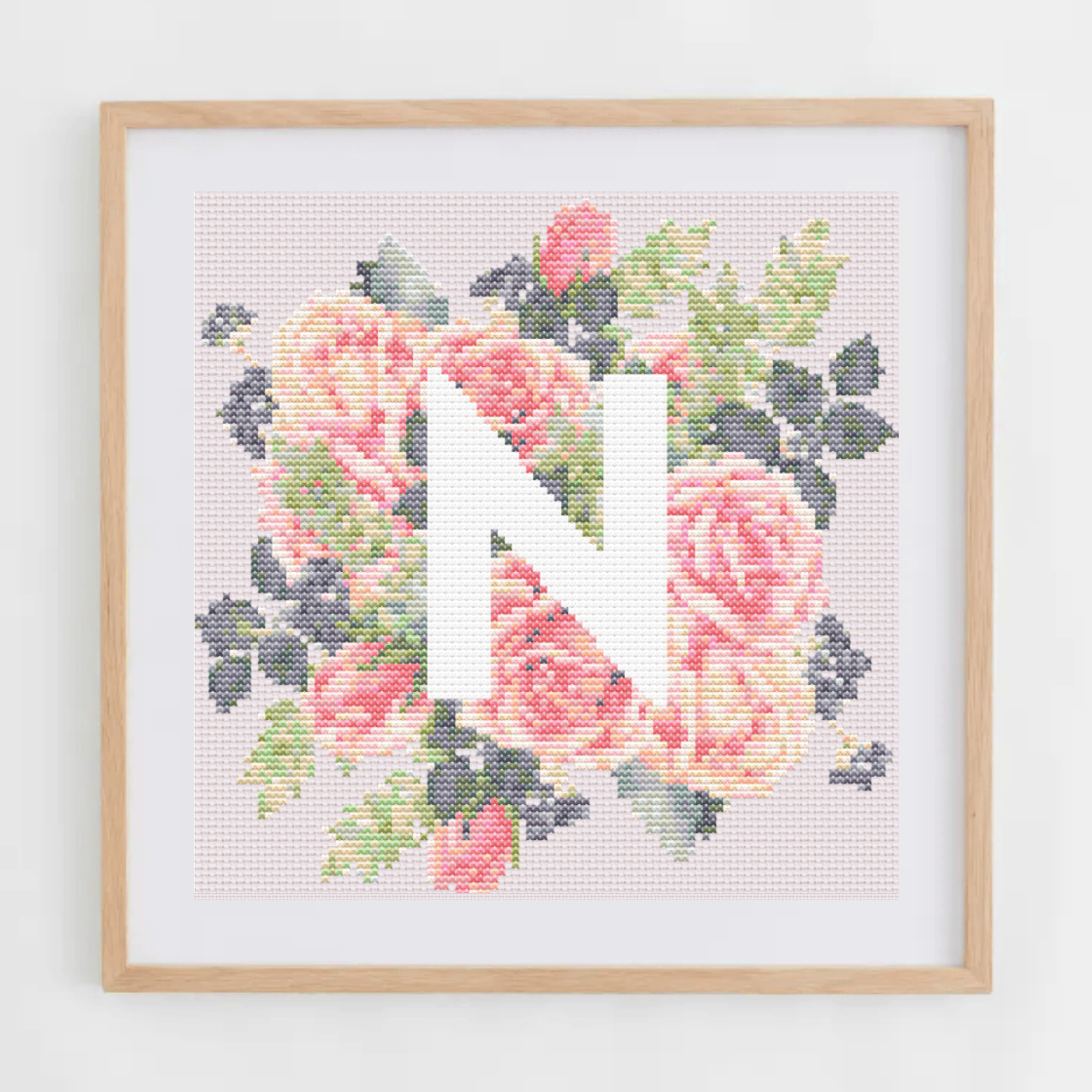 Monogram Cross-Stitch Pattern With Pink Roses | Initial Cross Stitch Chart PDF