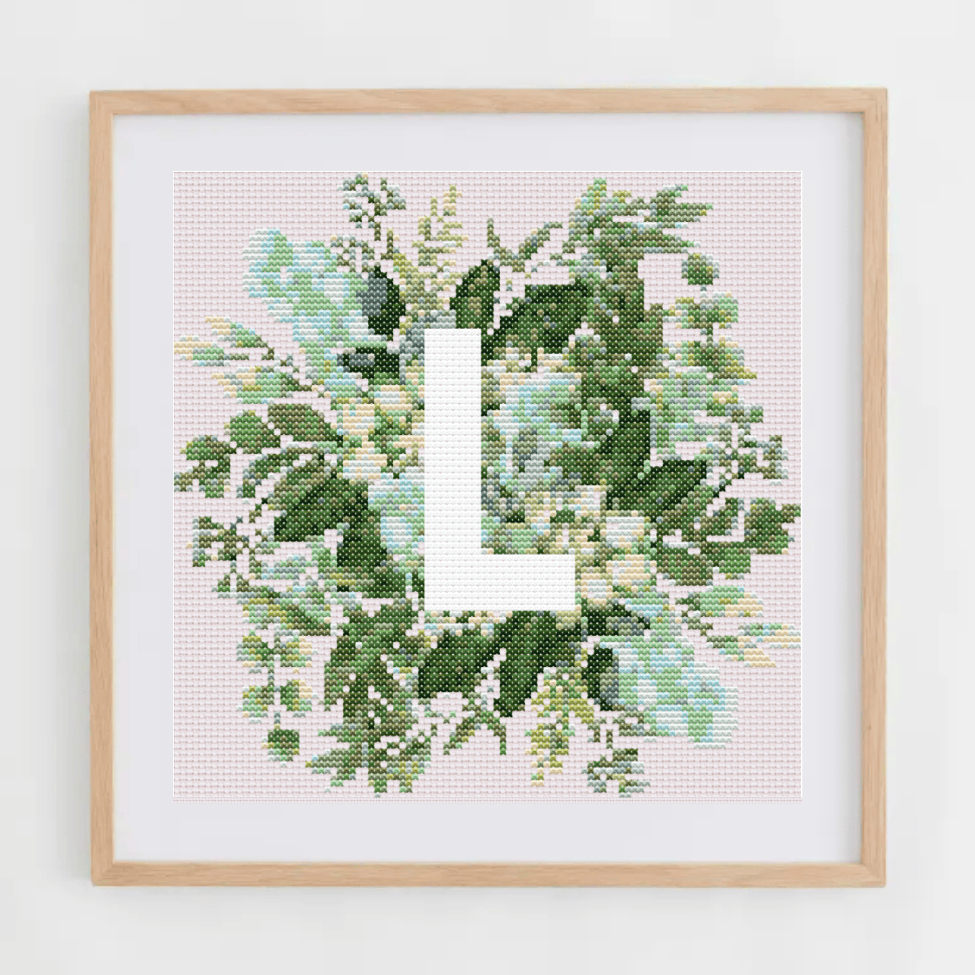 Monogram Cross-Stitch Pattern With Green Bouquet | Initial Cross Stitch Chart With Flowers and Leaves | Cross Stitch PDF