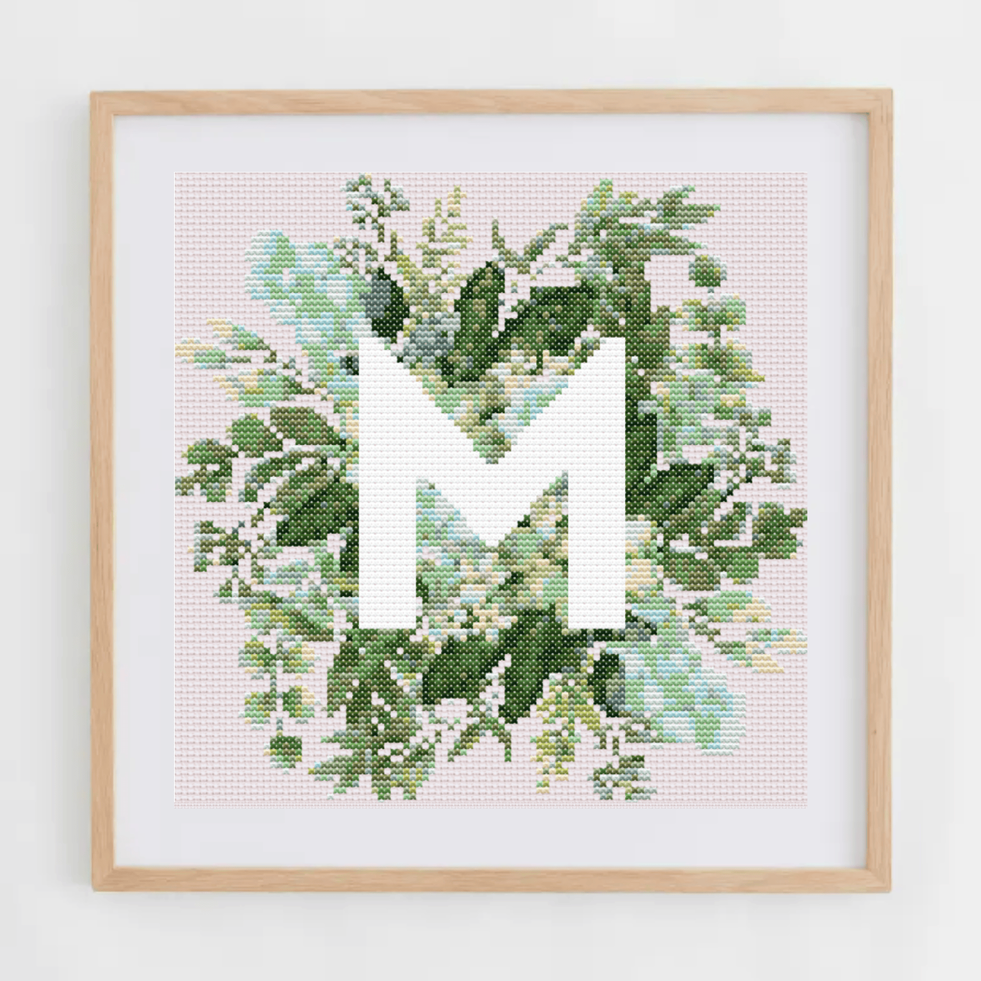 Monogram Cross-Stitch Pattern With Green Bouquet | Initial Cross Stitch Chart With Flowers and Leaves | Cross Stitch PDF