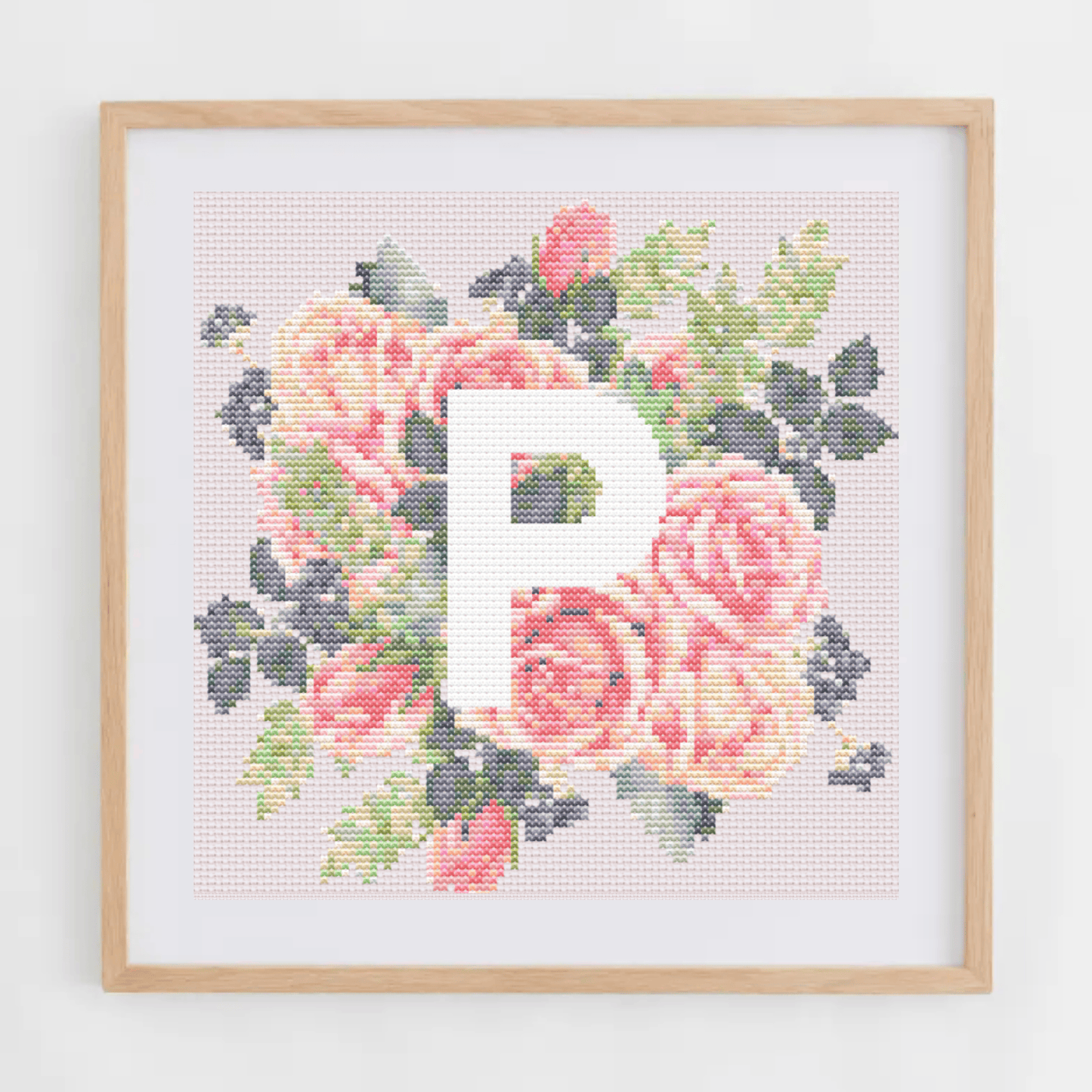 Monogram Cross-Stitch Pattern With Pink Roses | Initial Cross Stitch Chart PDF