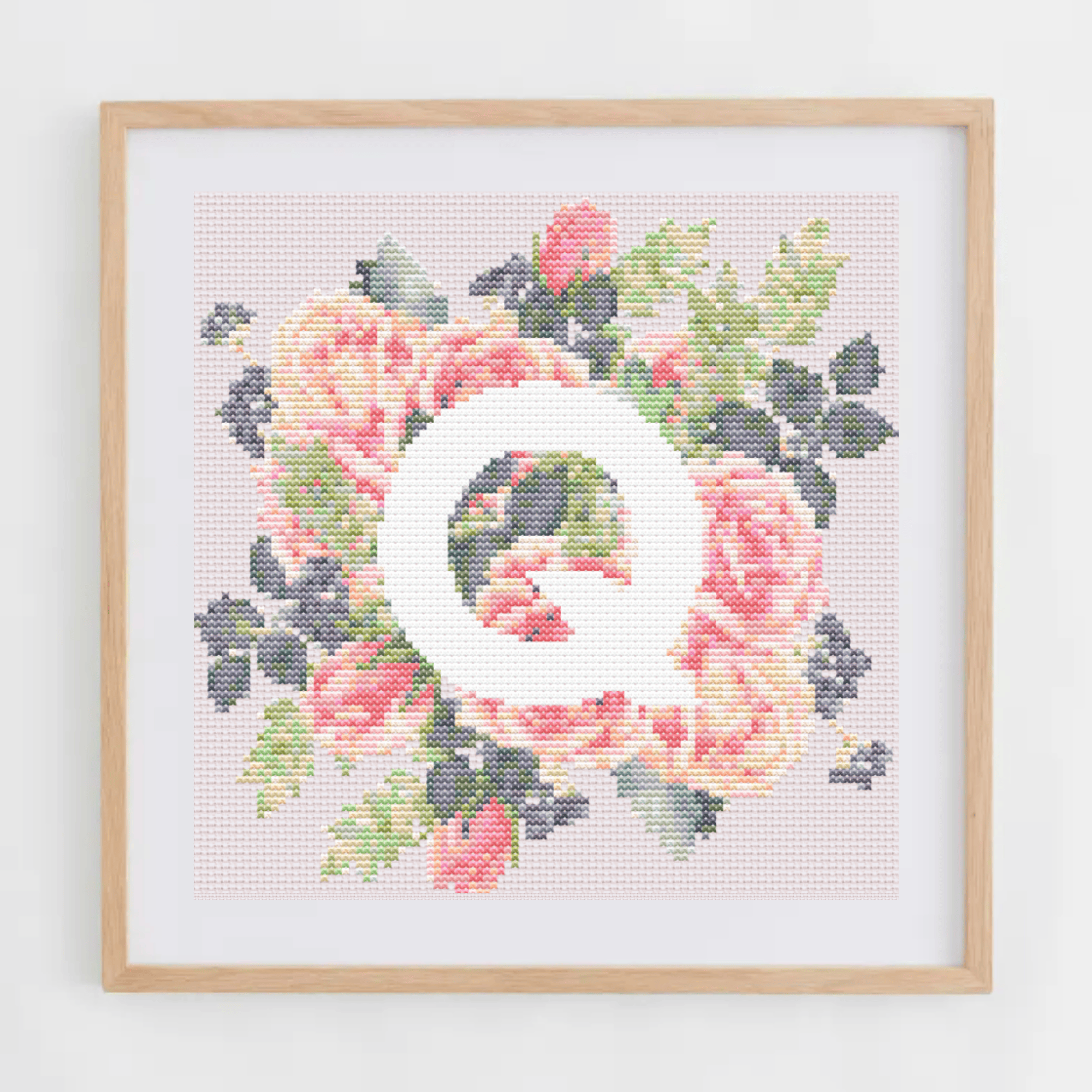 Monogram Cross-Stitch Pattern With Pink Roses | Initial Cross Stitch Chart PDF