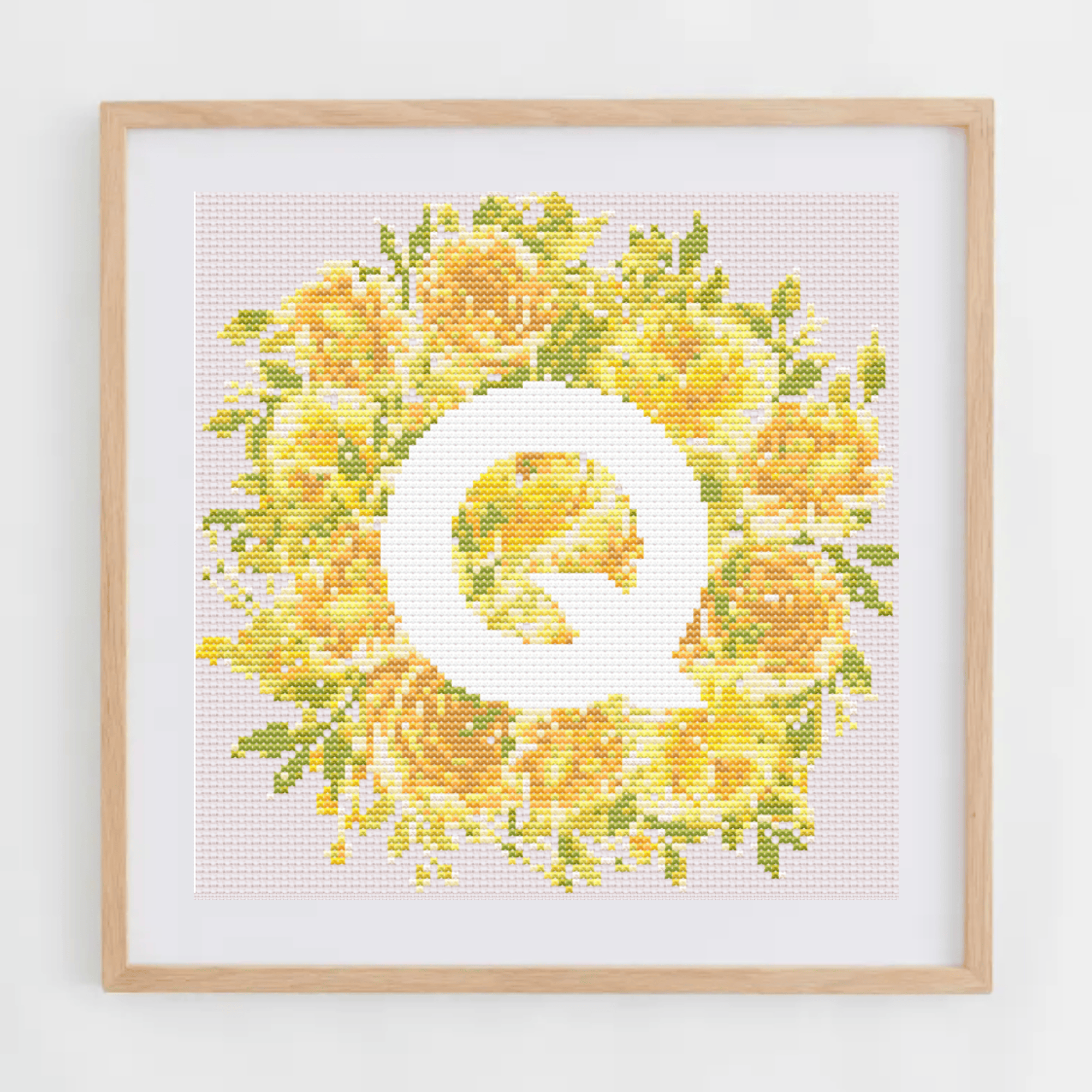 Initial Cross Stitch Pattern With Yellow Flowers in PDF | Floral & Modern Monogram Cross Stitch Chart To Download | Letters Cross Stitch PDF