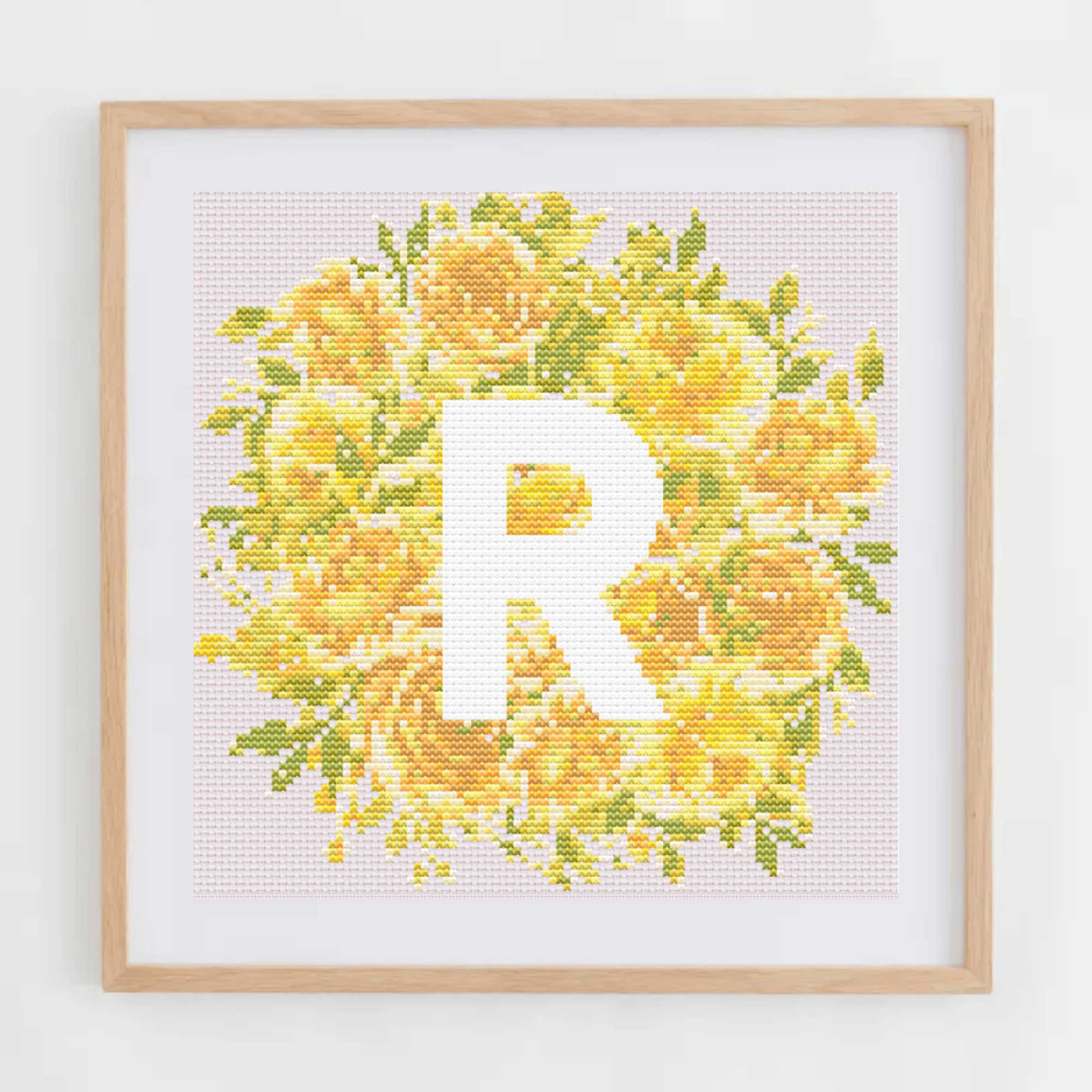 Initial Cross Stitch Pattern With Yellow Flowers in PDF | Floral & Modern Monogram Cross Stitch Chart To Download | Letters Cross Stitch PDF