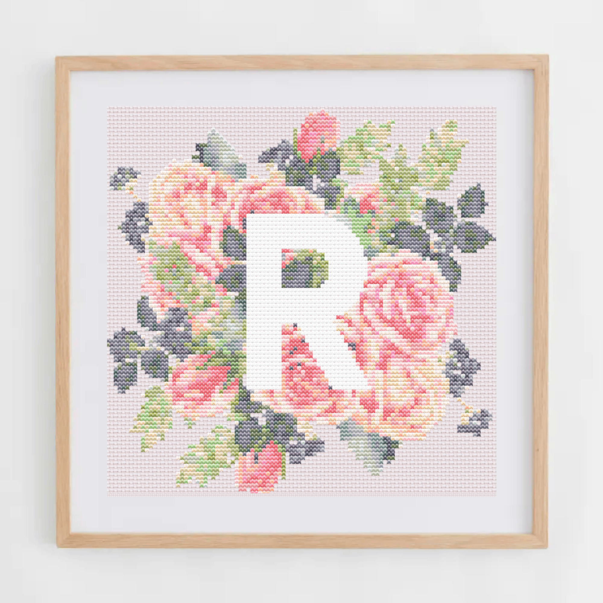 Monogram Cross-Stitch Pattern With Pink Roses | Initial Cross Stitch Chart PDF