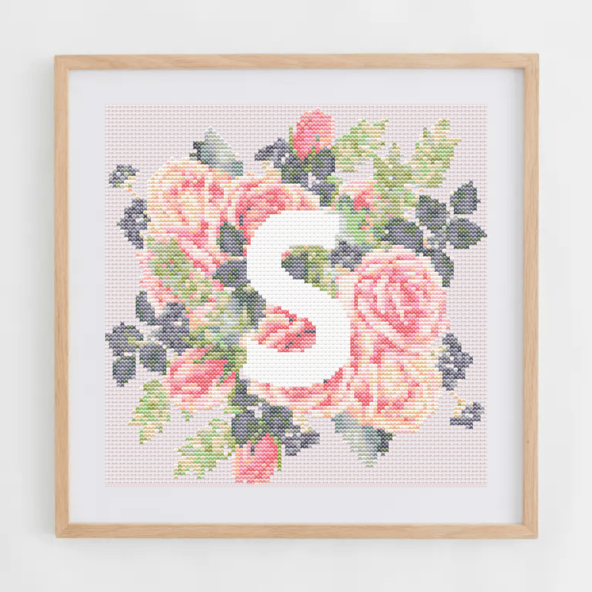 Monogram Cross-Stitch Pattern With Pink Roses | Initial Cross Stitch Chart PDF