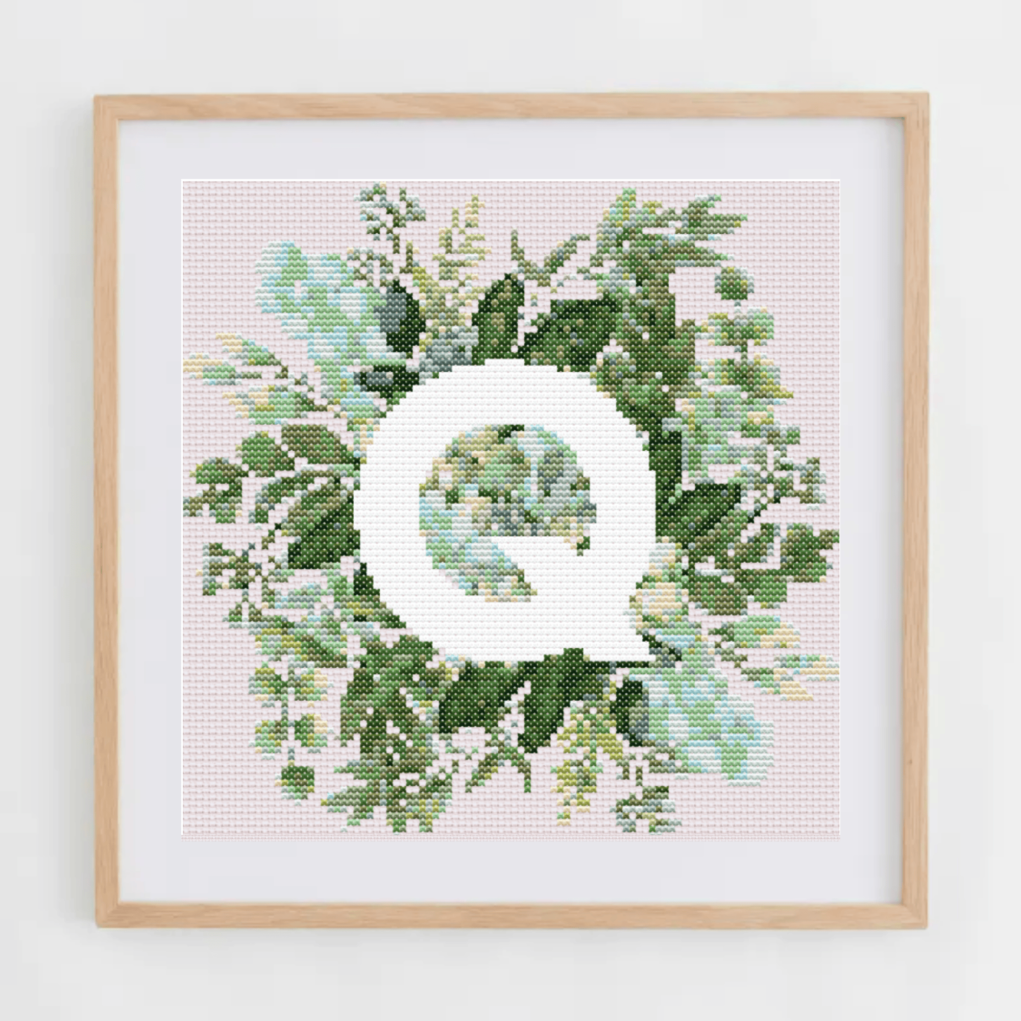 Monogram Cross-Stitch Pattern With Green Bouquet | Initial Cross Stitch Chart With Flowers and Leaves | Cross Stitch PDF