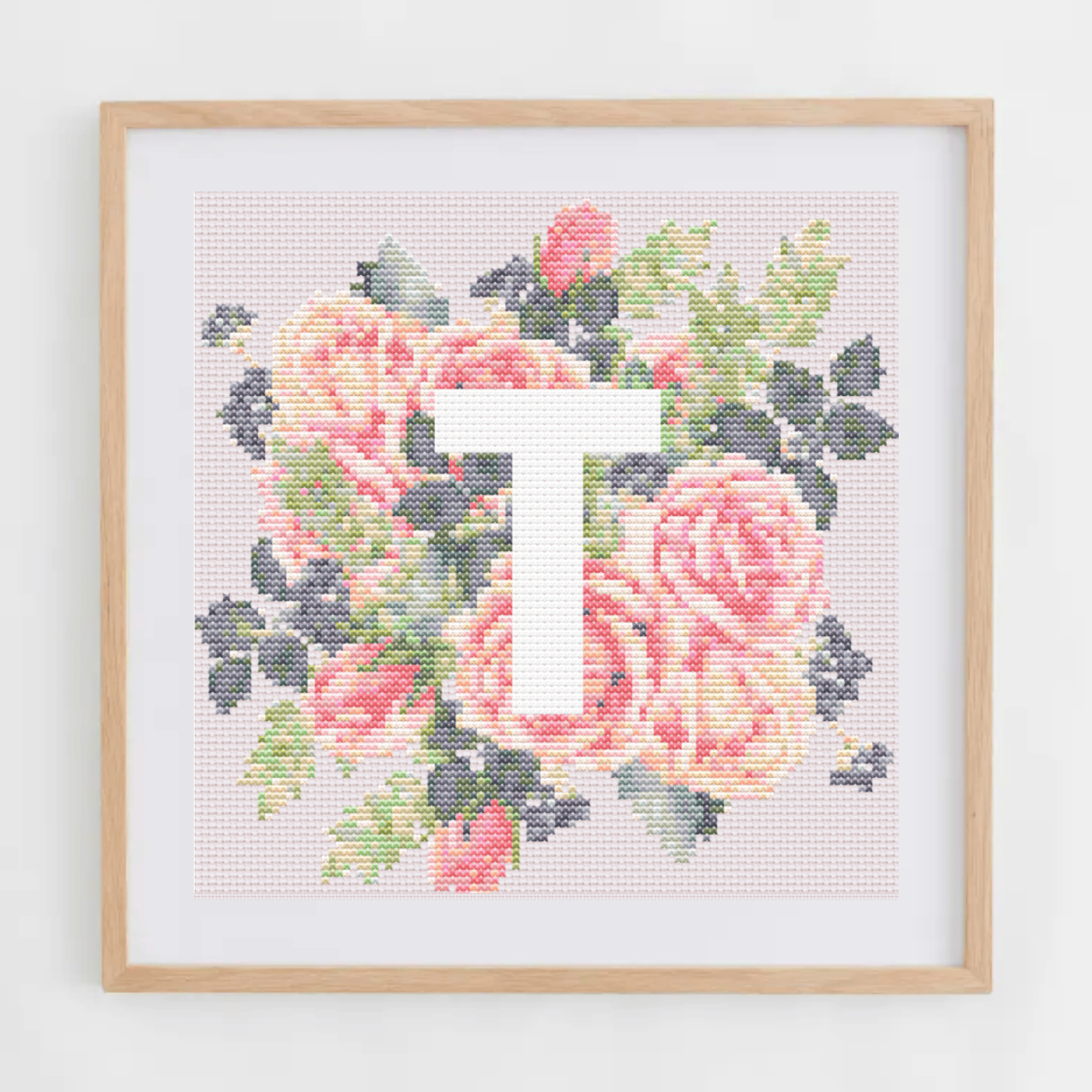 Monogram Cross-Stitch Pattern With Pink Roses | Initial Cross Stitch Chart PDF