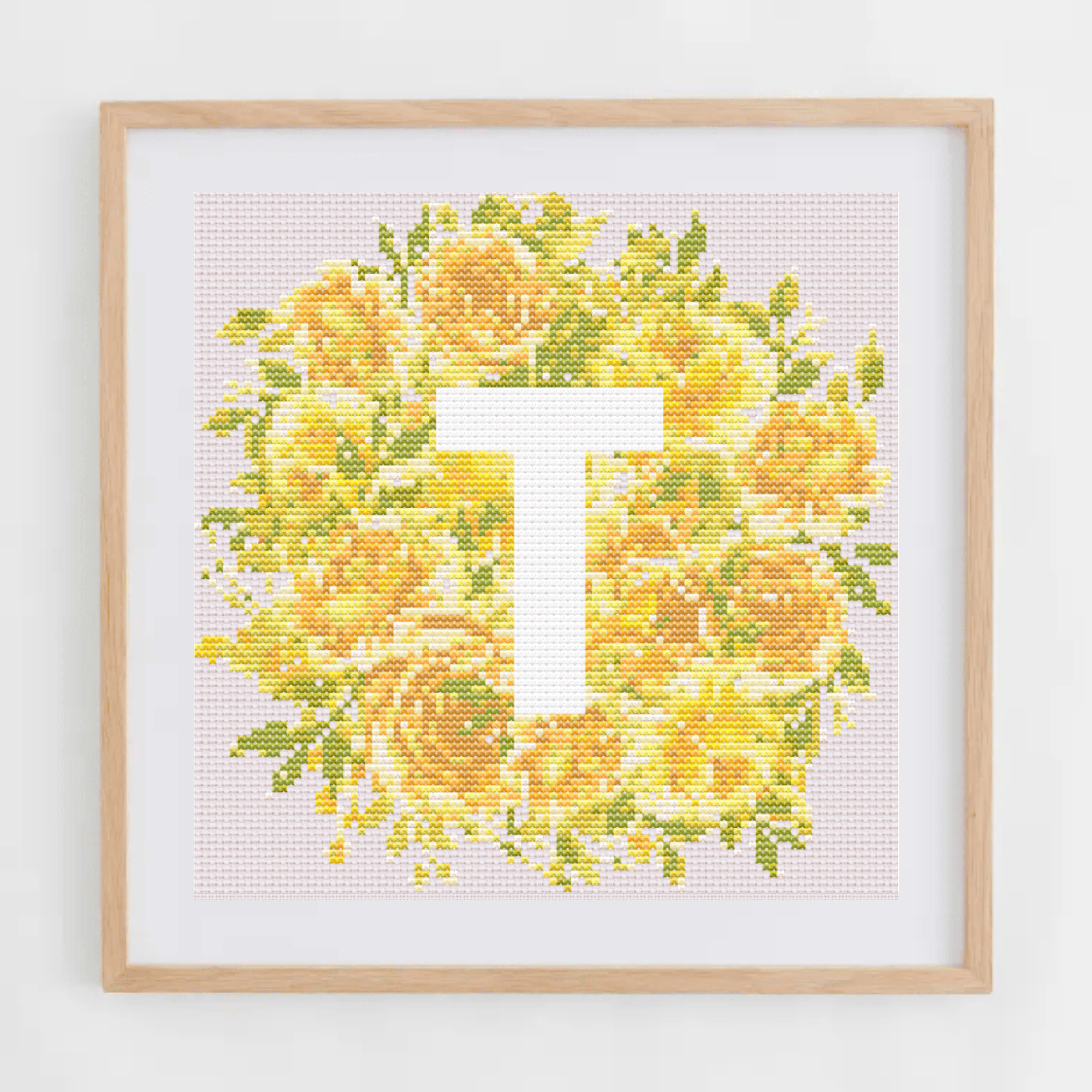 Initial Cross Stitch Pattern With Yellow Flowers in PDF | Floral & Modern Monogram Cross Stitch Chart To Download | Letters Cross Stitch PDF