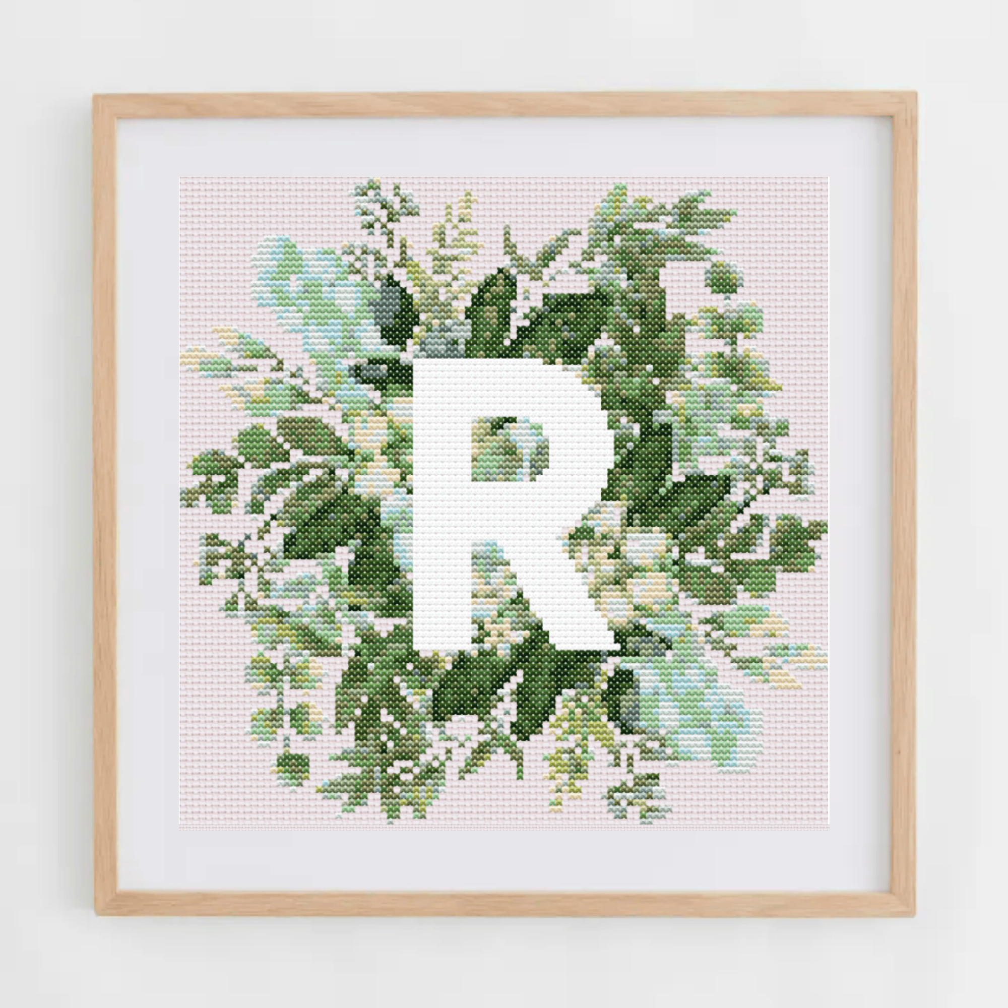 Monogram Cross-Stitch Pattern With Green Bouquet | Initial Cross Stitch Chart With Flowers and Leaves | Cross Stitch PDF