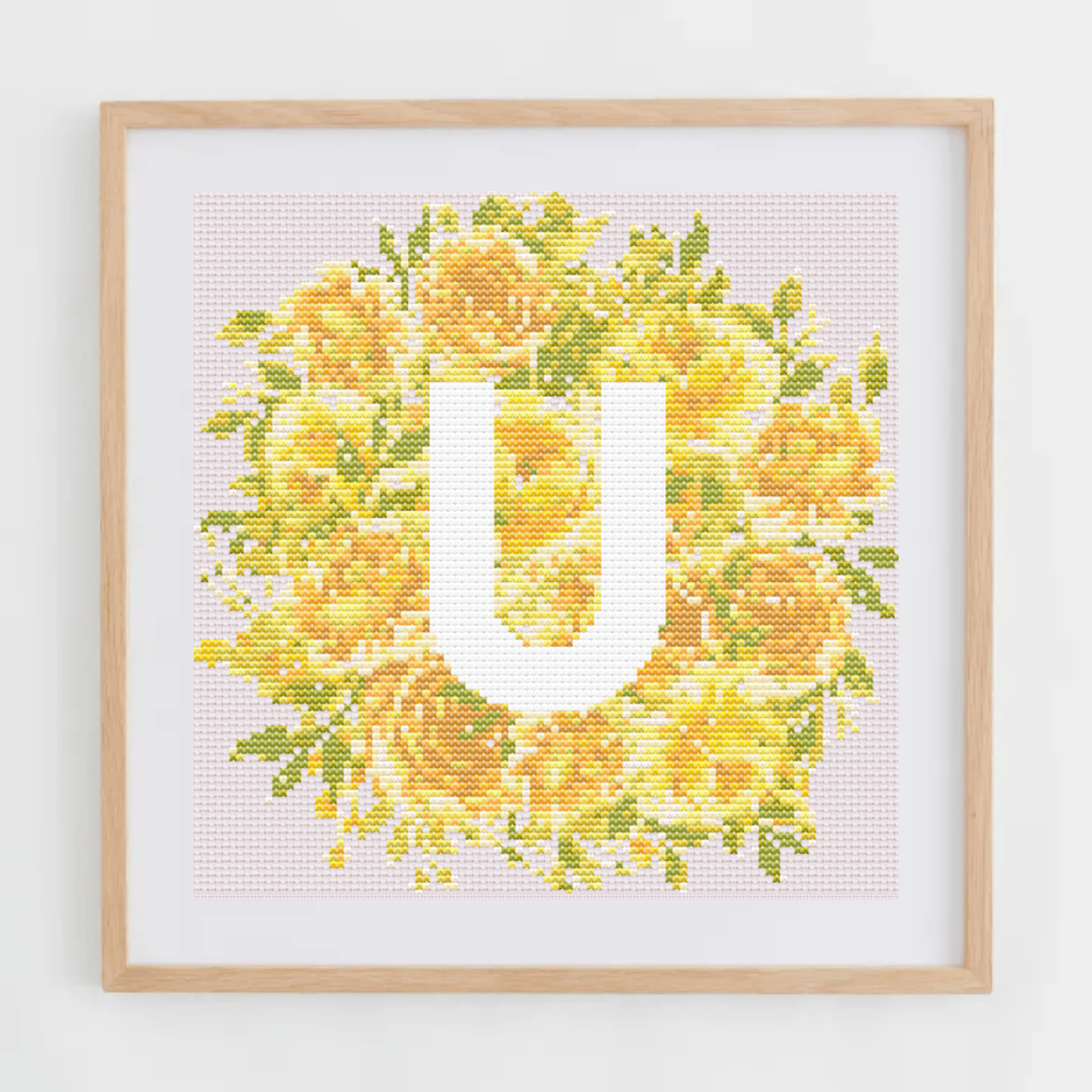 Initial Cross Stitch Pattern With Yellow Flowers in PDF | Floral & Modern Monogram Cross Stitch Chart To Download | Letters Cross Stitch PDF