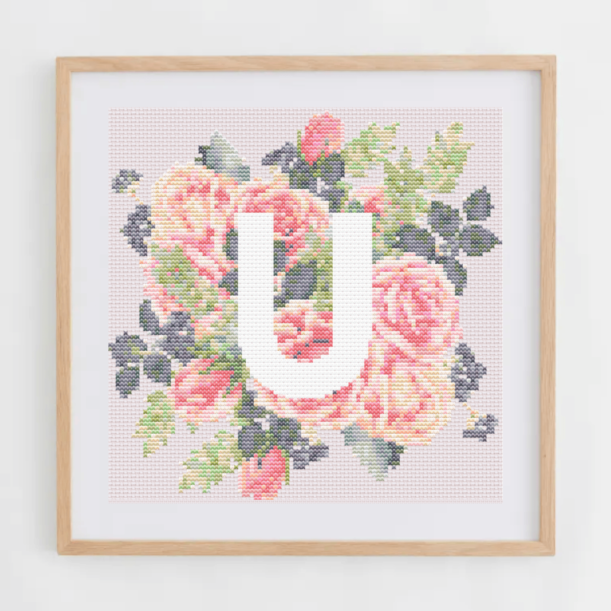 Monogram Cross-Stitch Pattern With Pink Roses | Initial Cross Stitch Chart PDF