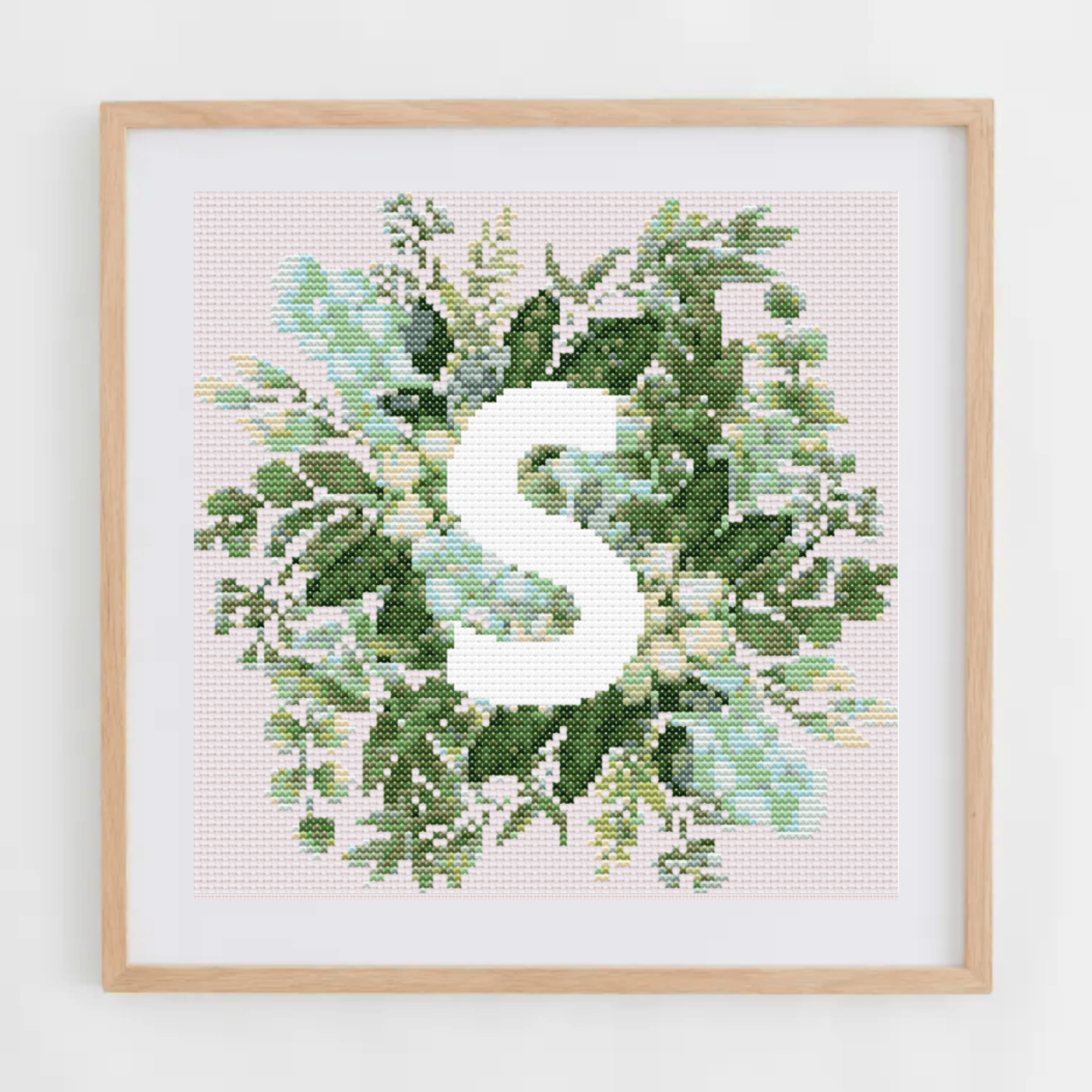 Monogram Cross-Stitch Pattern With Green Bouquet | Initial Cross Stitch Chart With Flowers and Leaves | Cross Stitch PDF