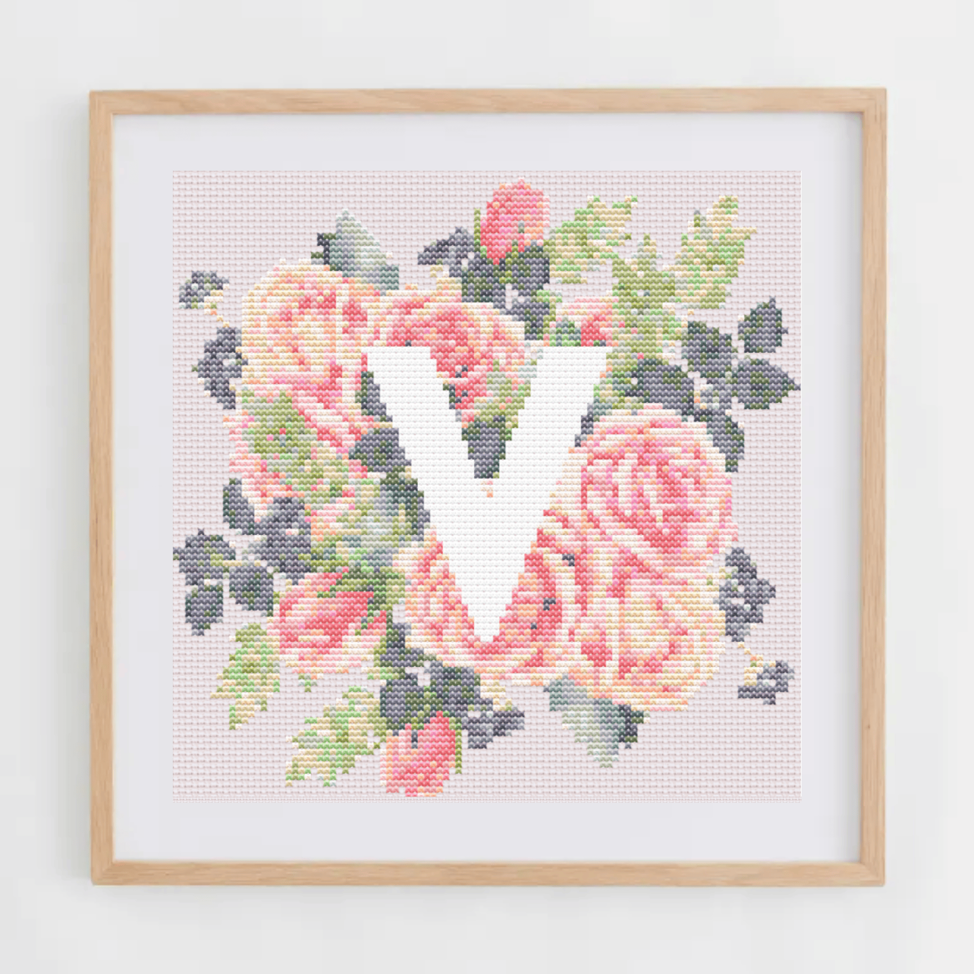 Monogram Cross-Stitch Pattern With Pink Roses | Initial Cross Stitch Chart PDF