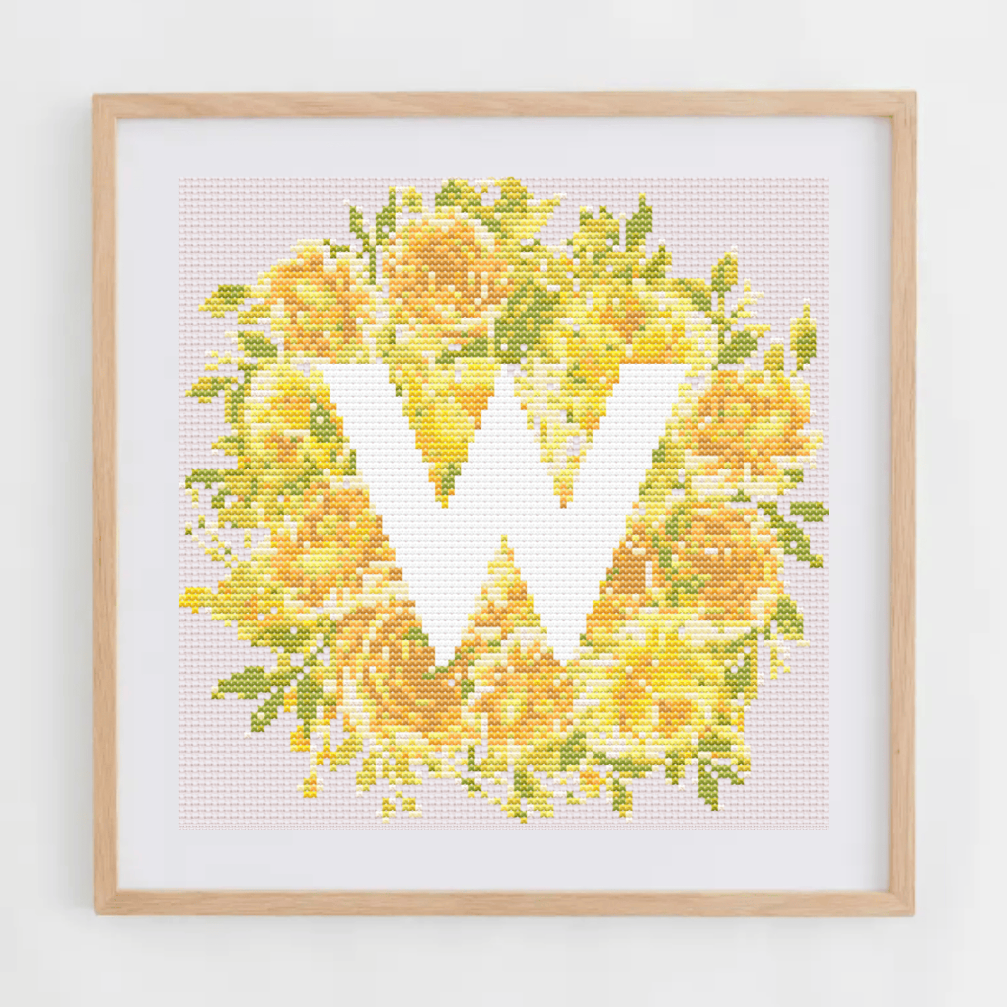 Initial Cross Stitch Pattern With Yellow Flowers in PDF | Floral & Modern Monogram Cross Stitch Chart To Download | Letters Cross Stitch PDF
