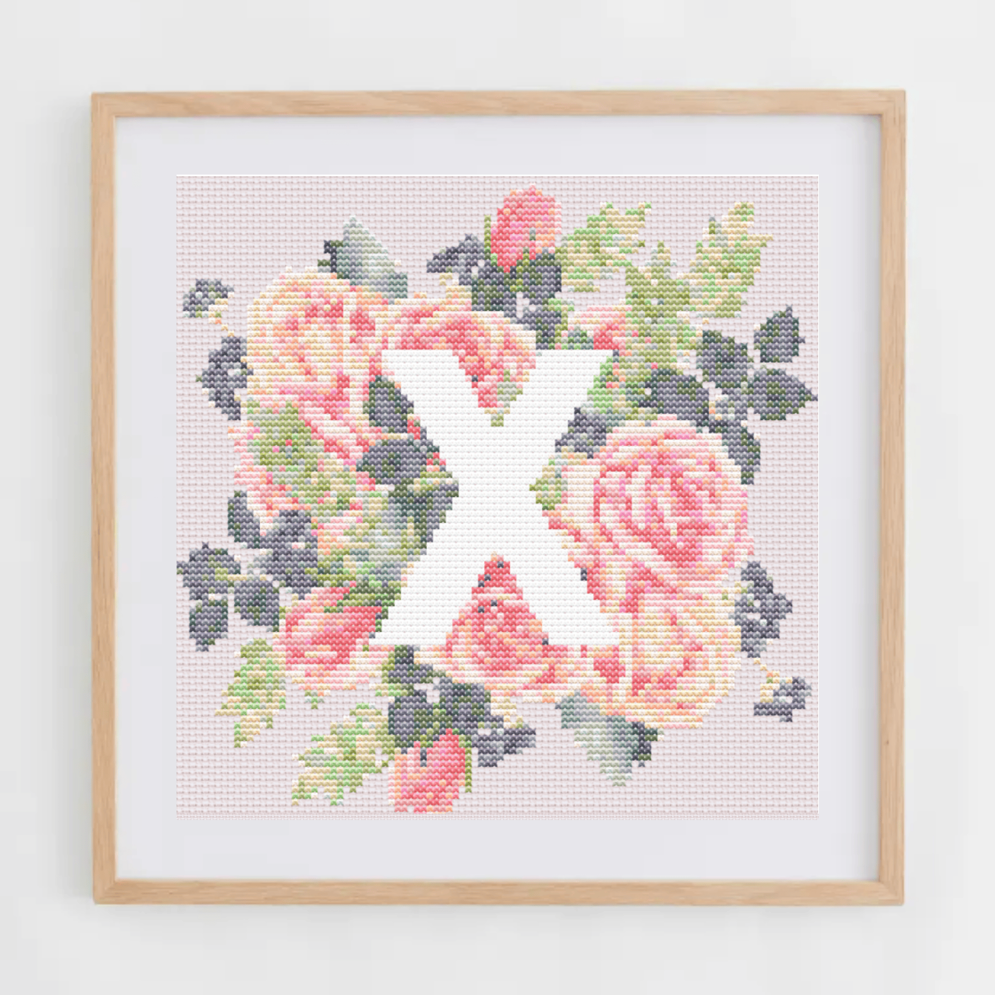 Monogram Cross-Stitch Pattern With Pink Roses | Initial Cross Stitch Chart PDF