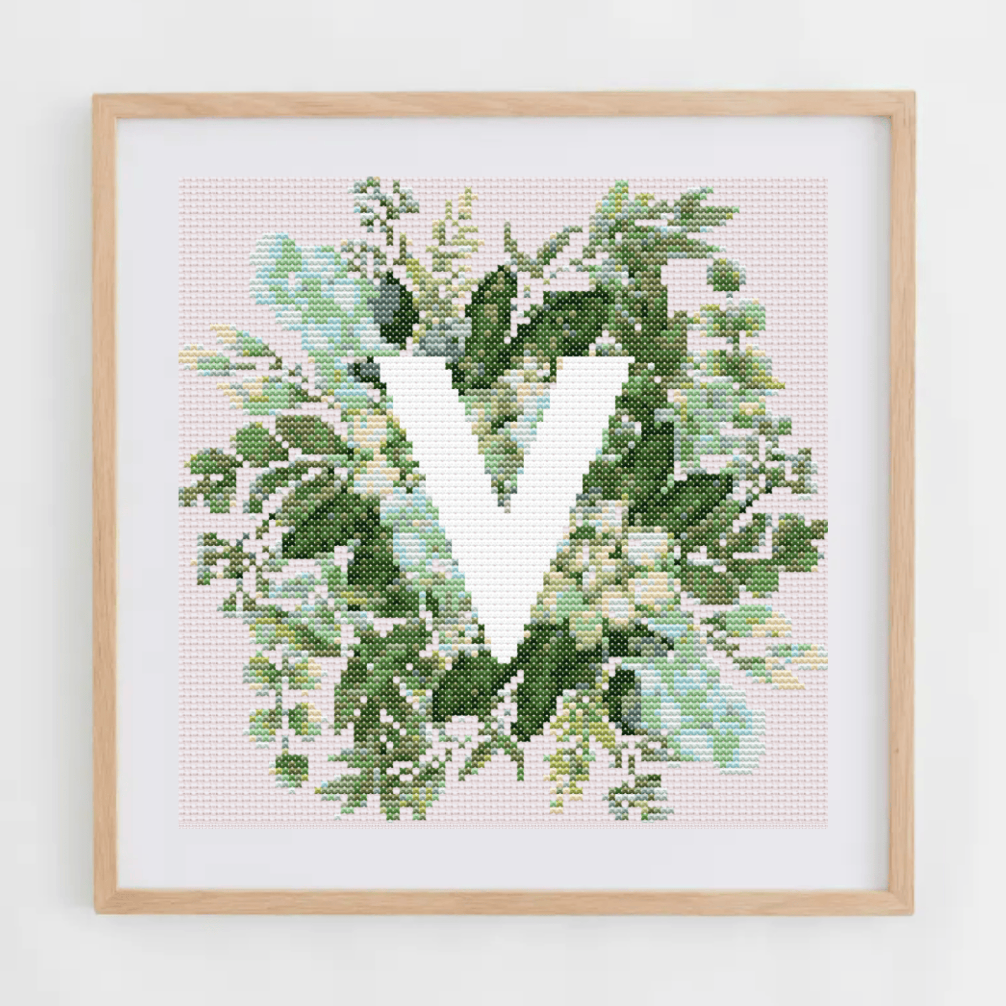 Monogram Cross-Stitch Pattern With Green Bouquet | Initial Cross Stitch Chart With Flowers and Leaves | Cross Stitch PDF