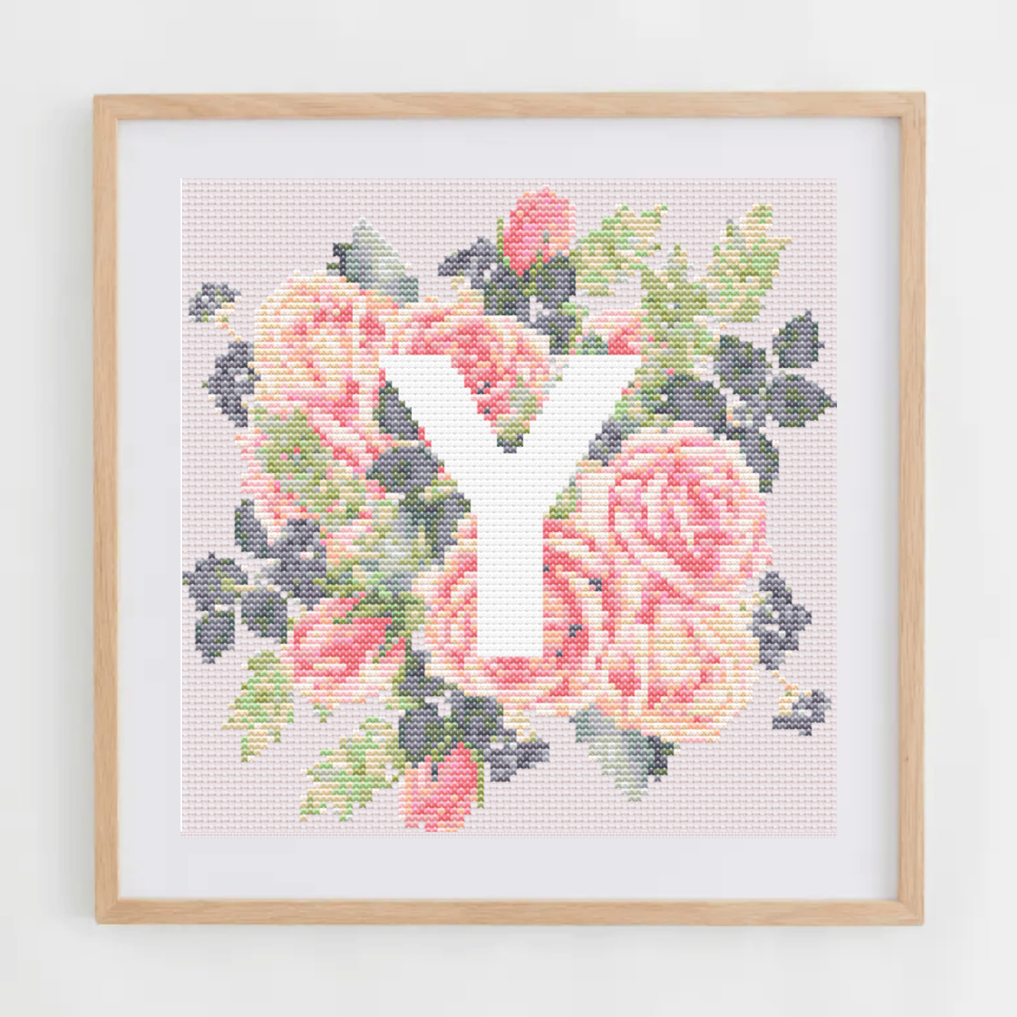 Monogram Cross-Stitch Pattern With Pink Roses | Initial Cross Stitch Chart PDF