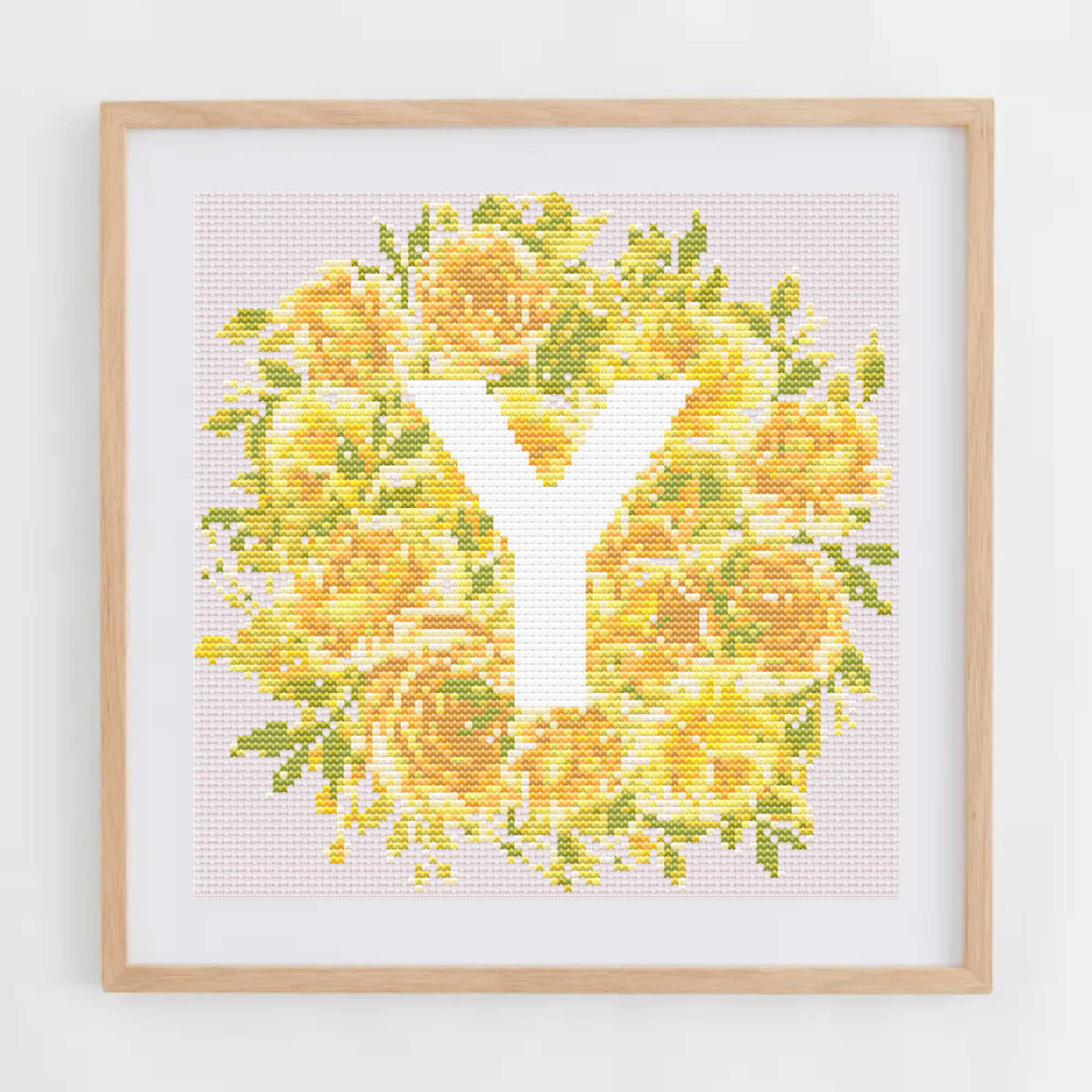 Initial Cross Stitch Pattern With Yellow Flowers in PDF | Floral & Modern Monogram Cross Stitch Chart To Download | Letters Cross Stitch PDF