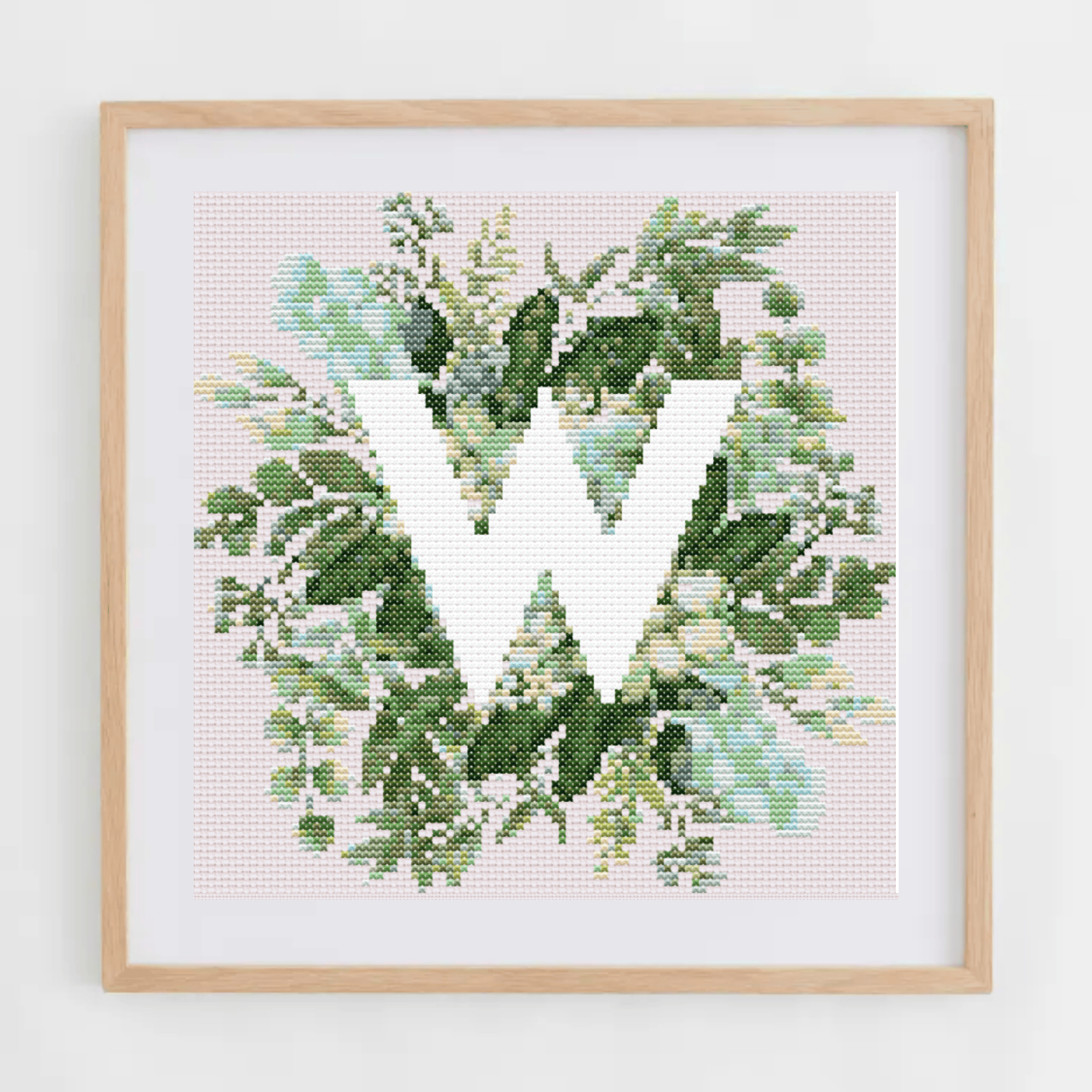 Monogram Cross-Stitch Pattern With Green Bouquet | Initial Cross Stitch Chart With Flowers and Leaves | Cross Stitch PDF