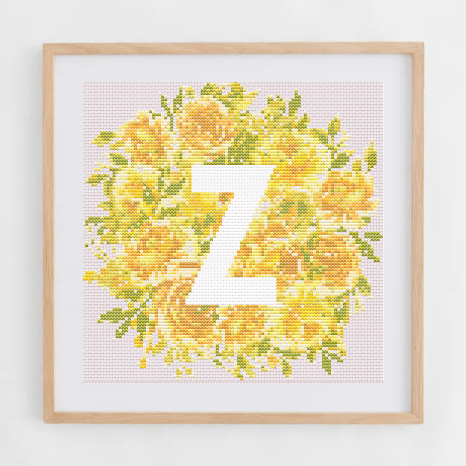 Initial Cross Stitch Pattern With Yellow Flowers in PDF | Floral & Modern Monogram Cross Stitch Chart To Download | Letters Cross Stitch PDF