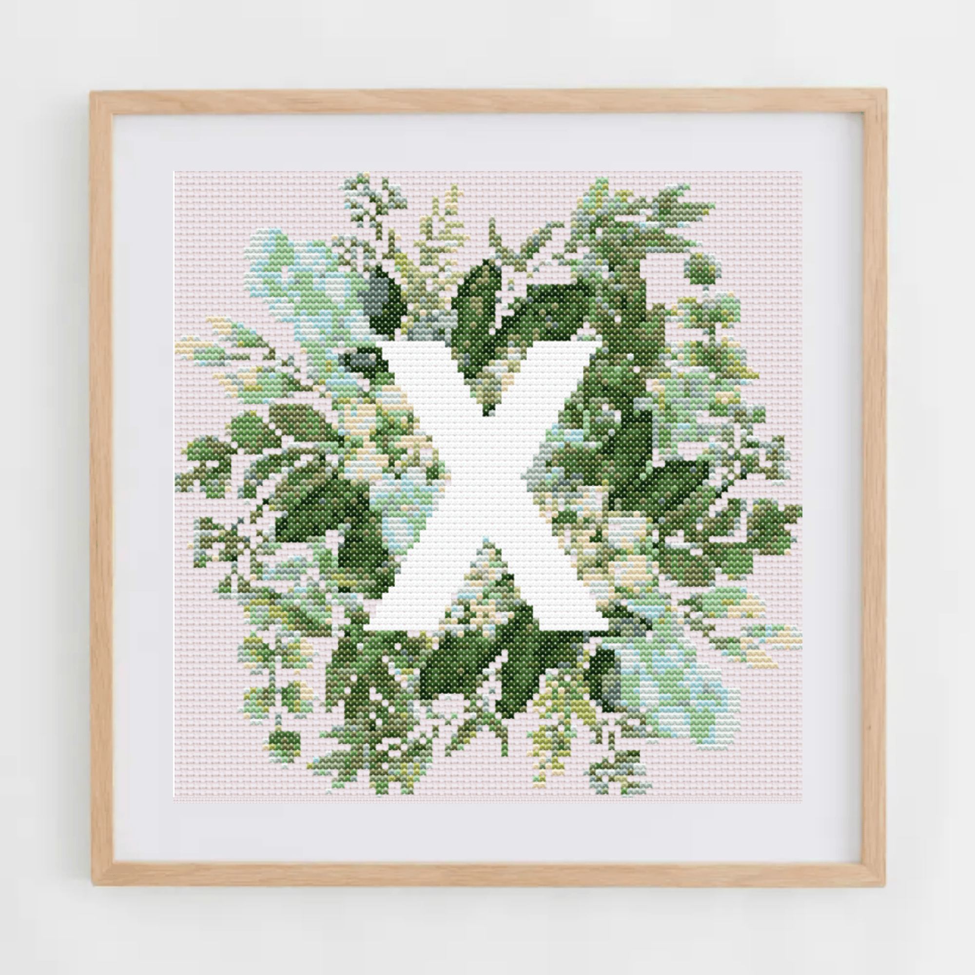 Monogram Cross-Stitch Pattern With Green Bouquet | Initial Cross Stitch Chart With Flowers and Leaves | Cross Stitch PDF