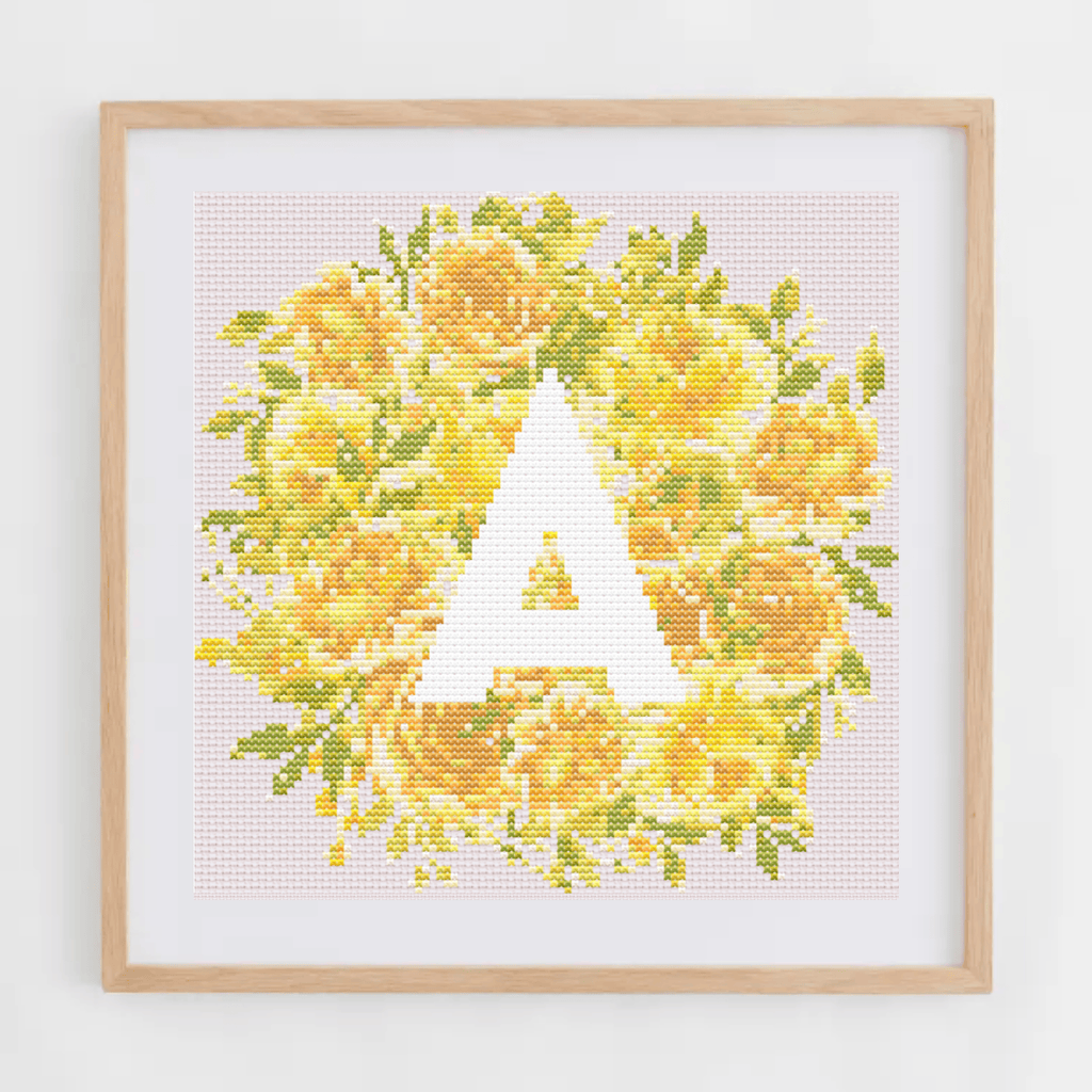 Initial Cross Stitch Pattern With Yellow Flowers in PDF | Floral & Modern Monogram Cross Stitch Chart To Download | Letters Cross Stitch PDF