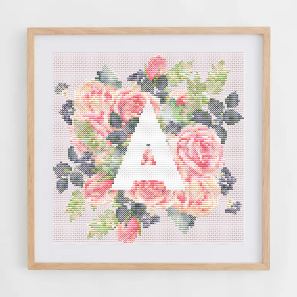 Monogram Cross-Stitch Pattern With Pink Roses | Initial Cross Stitch Chart PDF