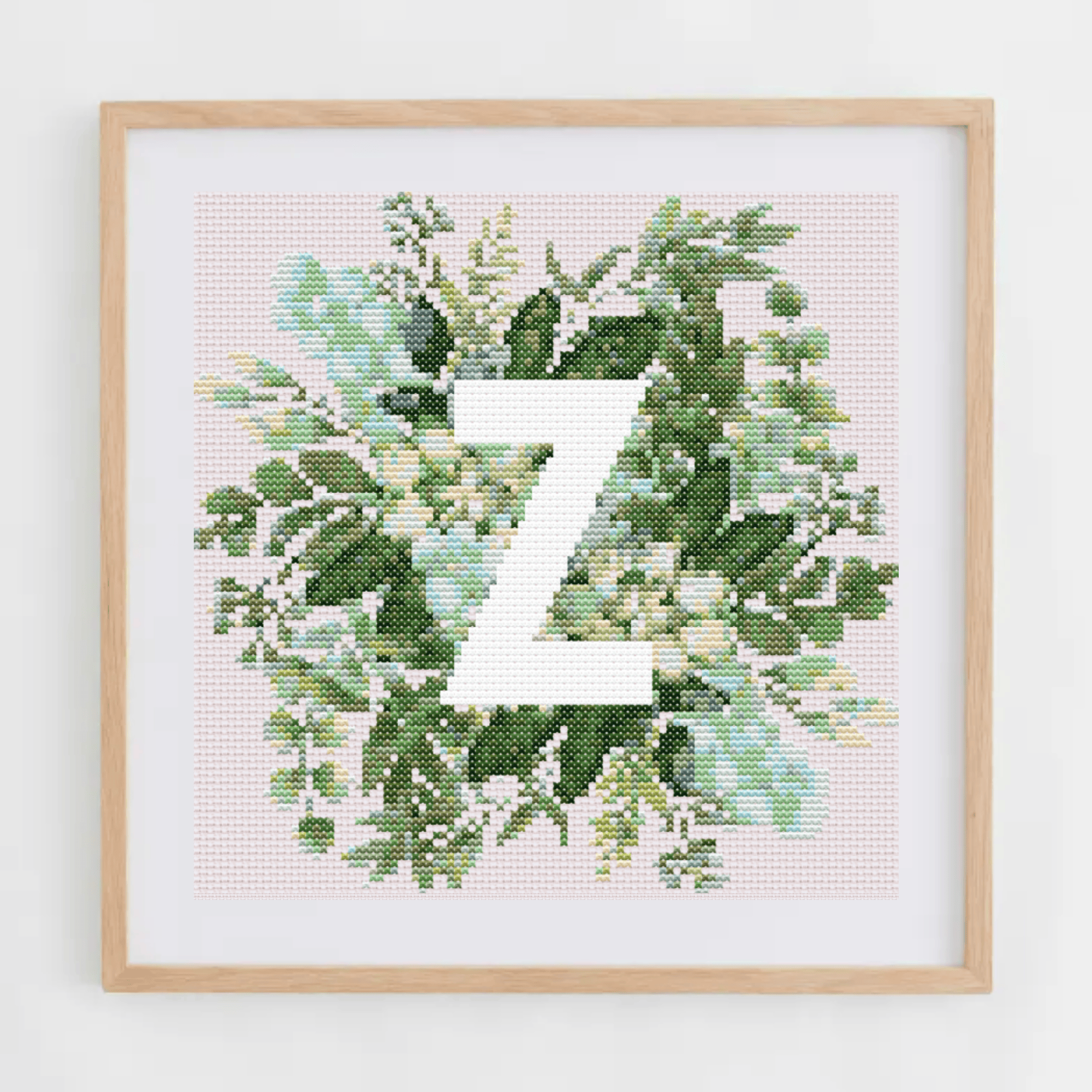 Monogram Cross-Stitch Pattern With Green Bouquet | Initial Cross Stitch Chart With Flowers and Leaves | Cross Stitch PDF