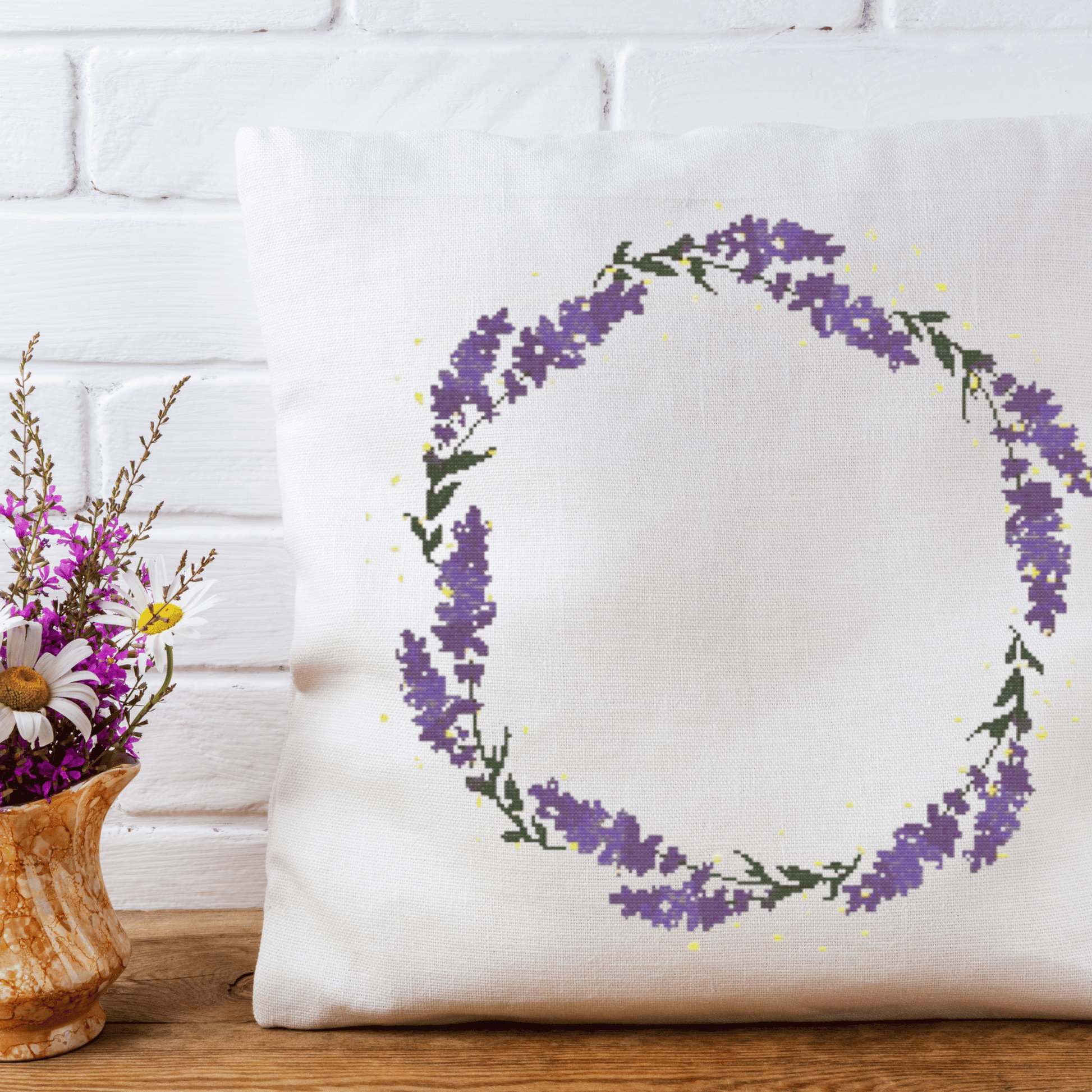 Lavender Wreath Cross Stitch Pattern | Flower Wreath Cross Stitch Chart PDF