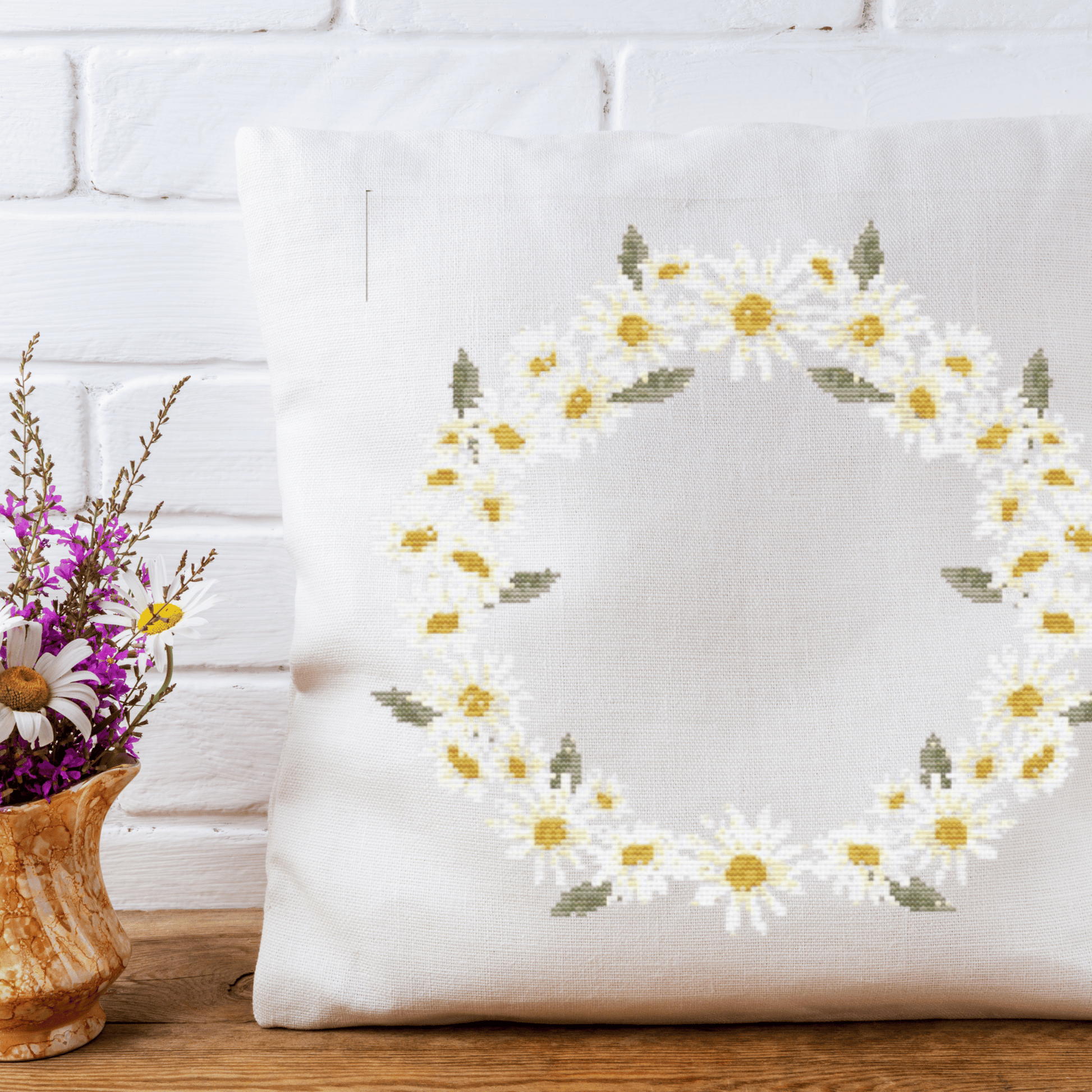 Daisies Wreath Cross Stitch Pattern | Flower Wreath Cross Stitch Chart PDF
