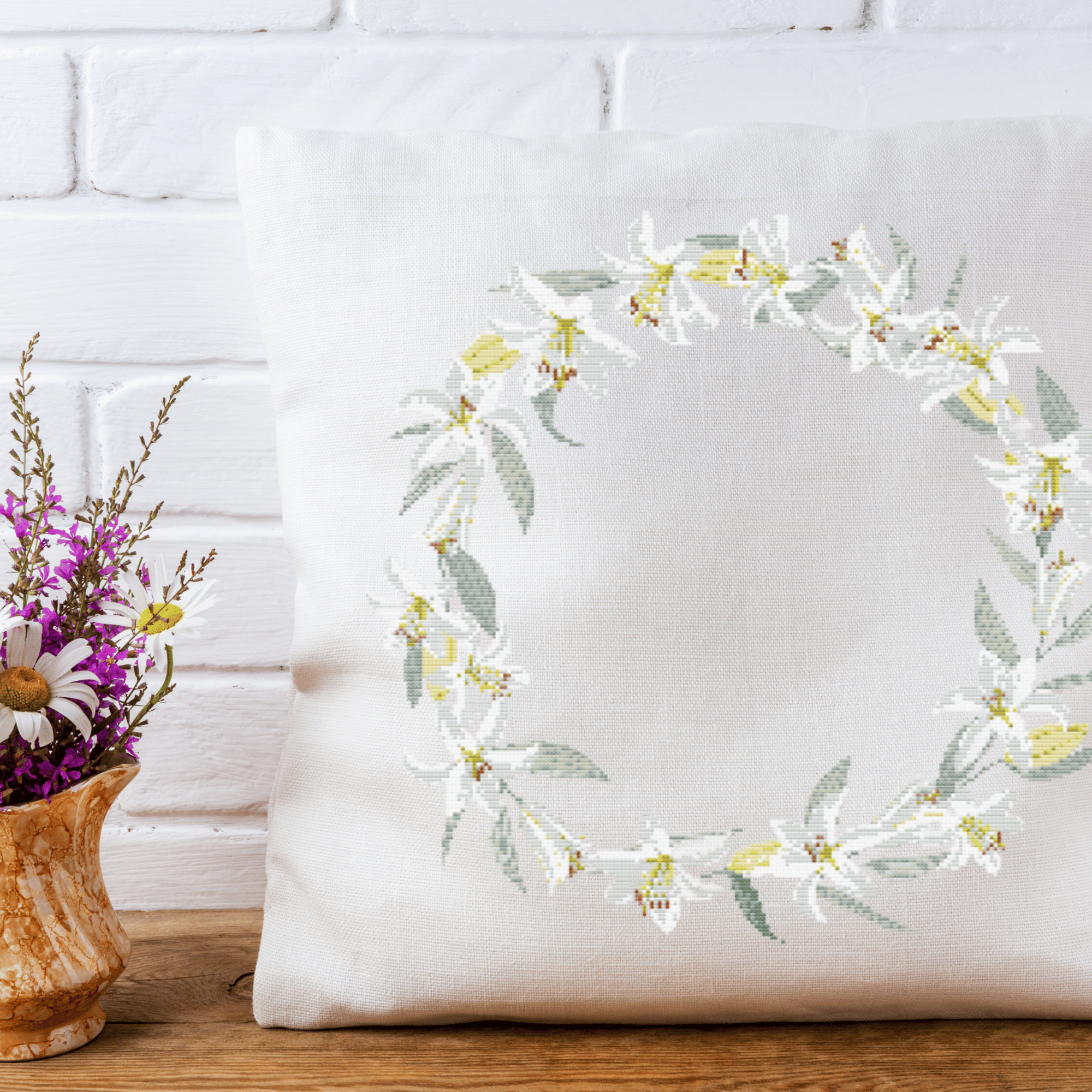 Lilies Wreath Cross Stitch Pattern | Flower Wreath Cross Stitch Chart PDF