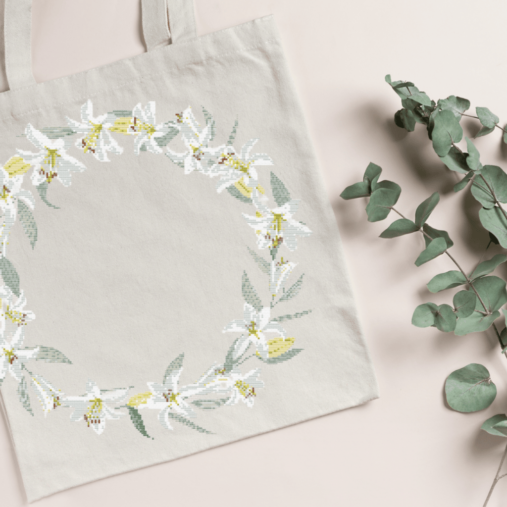 Lilies Wreath Cross Stitch Pattern | Flower Wreath Cross Stitch Chart PDF