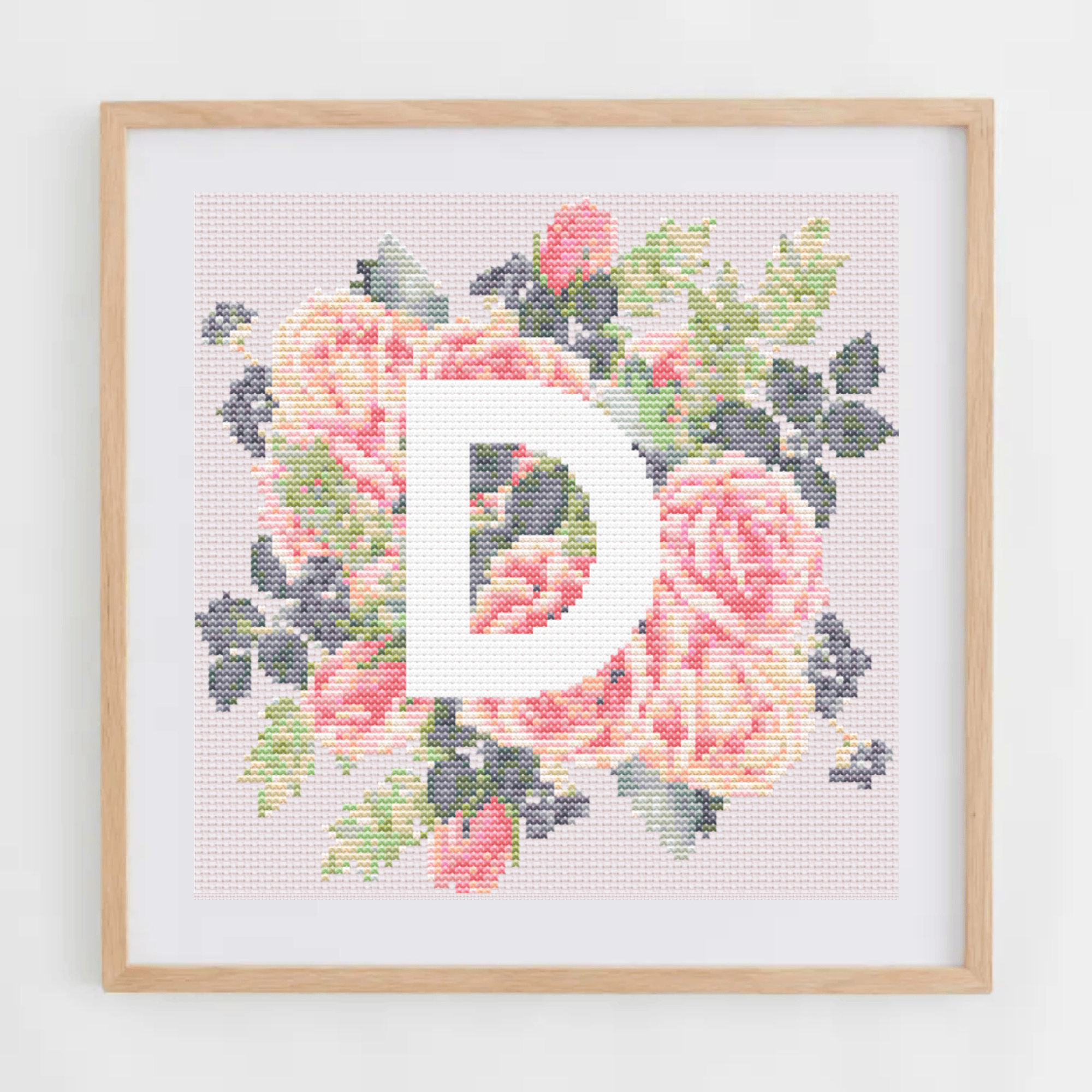 Monogram Cross-Stitch Pattern With Pink Roses | Initial Cross Stitch Chart PDF