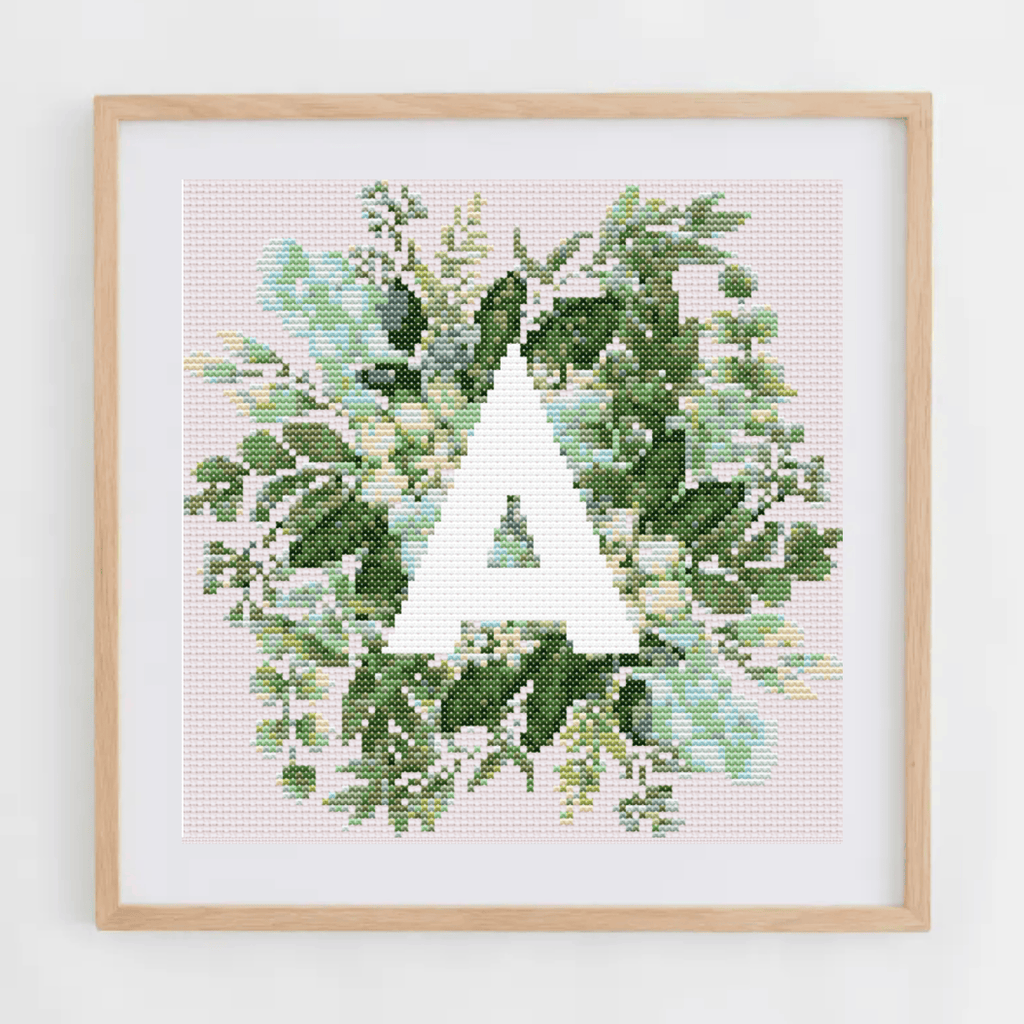 Monogram Cross-Stitch Pattern With Green Bouquet | Initial Cross Stitch Chart With Flowers and Leaves | Cross Stitch PDF