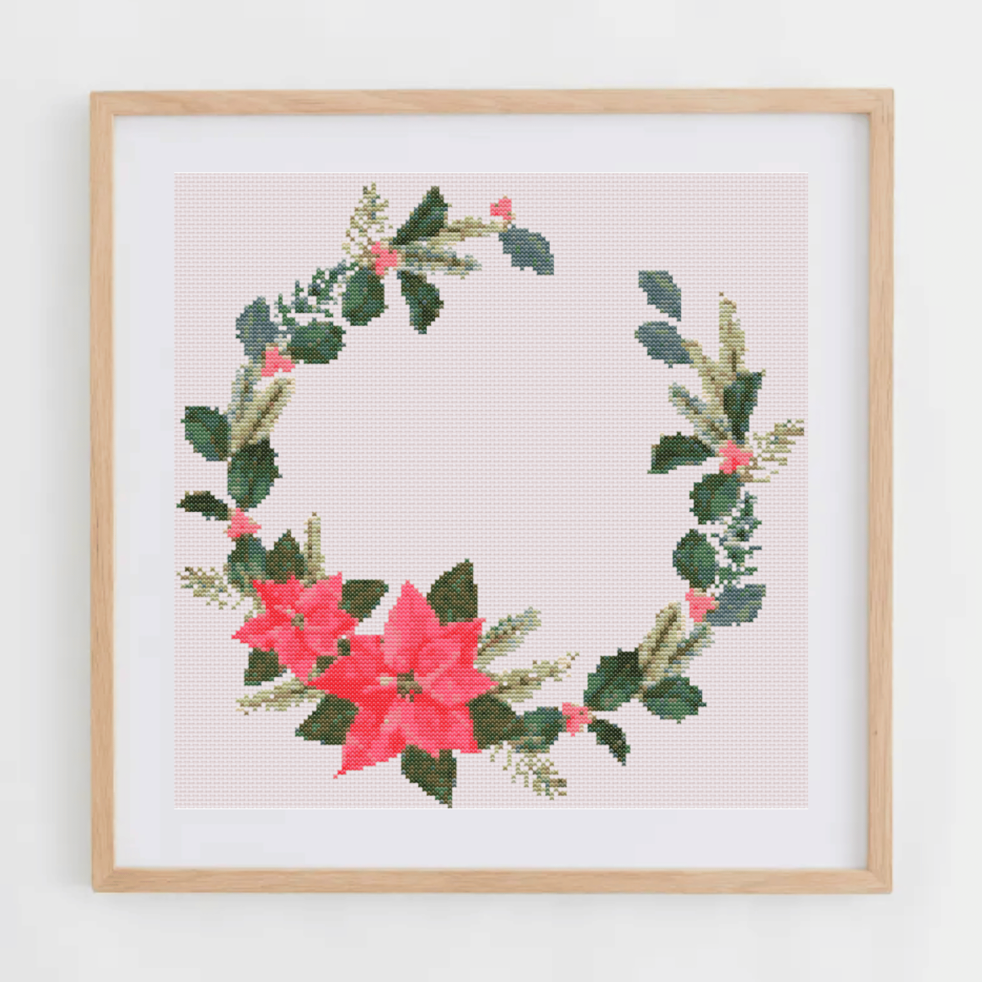 Christmas Wreath With Poinsettias Cross Stitch Pattern | Christmas Wreath Cross Stitch Chart | Christmas Cross Stitch Pattern