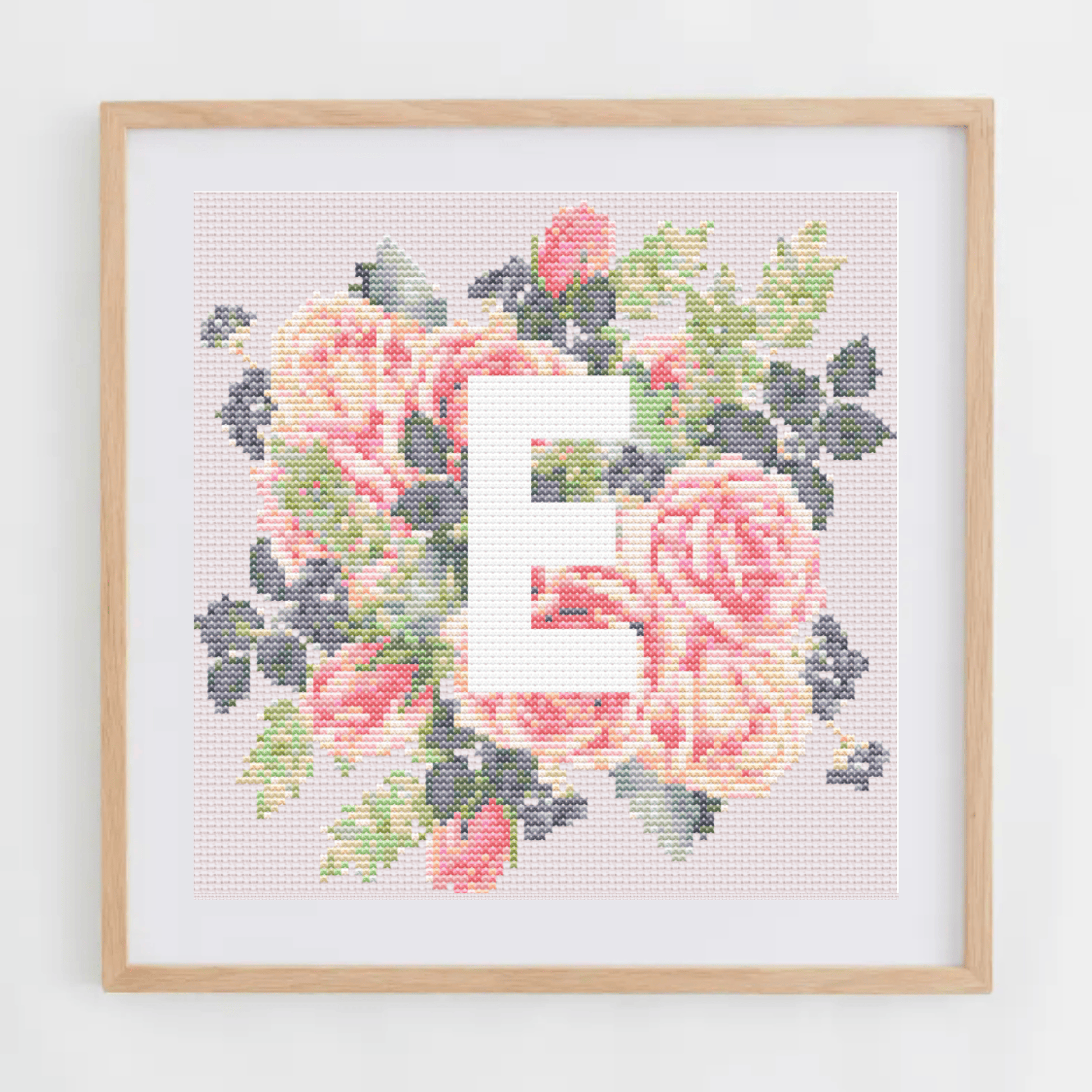 Monogram Cross-Stitch Pattern With Pink Roses | Initial Cross Stitch Chart PDF
