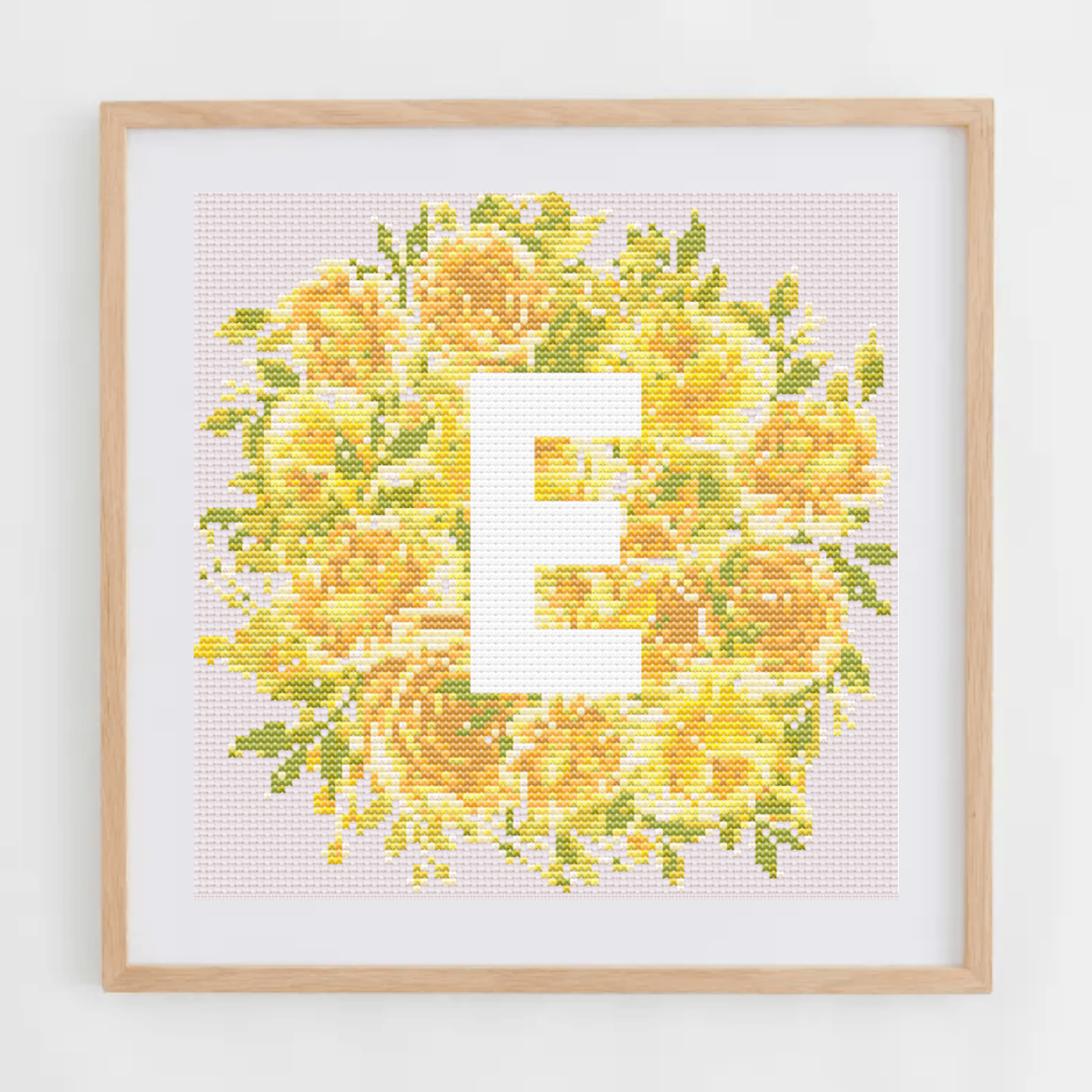 Initial Cross Stitch Pattern With Yellow Flowers in PDF | Floral & Modern Monogram Cross Stitch Chart To Download | Letters Cross Stitch PDF