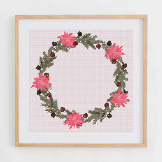 Christmas Wreath With Poinsettias Cross Stitch Pattern | Christmas Wreath Cross Stitch Chart | Christmas Cross Stitch Pattern