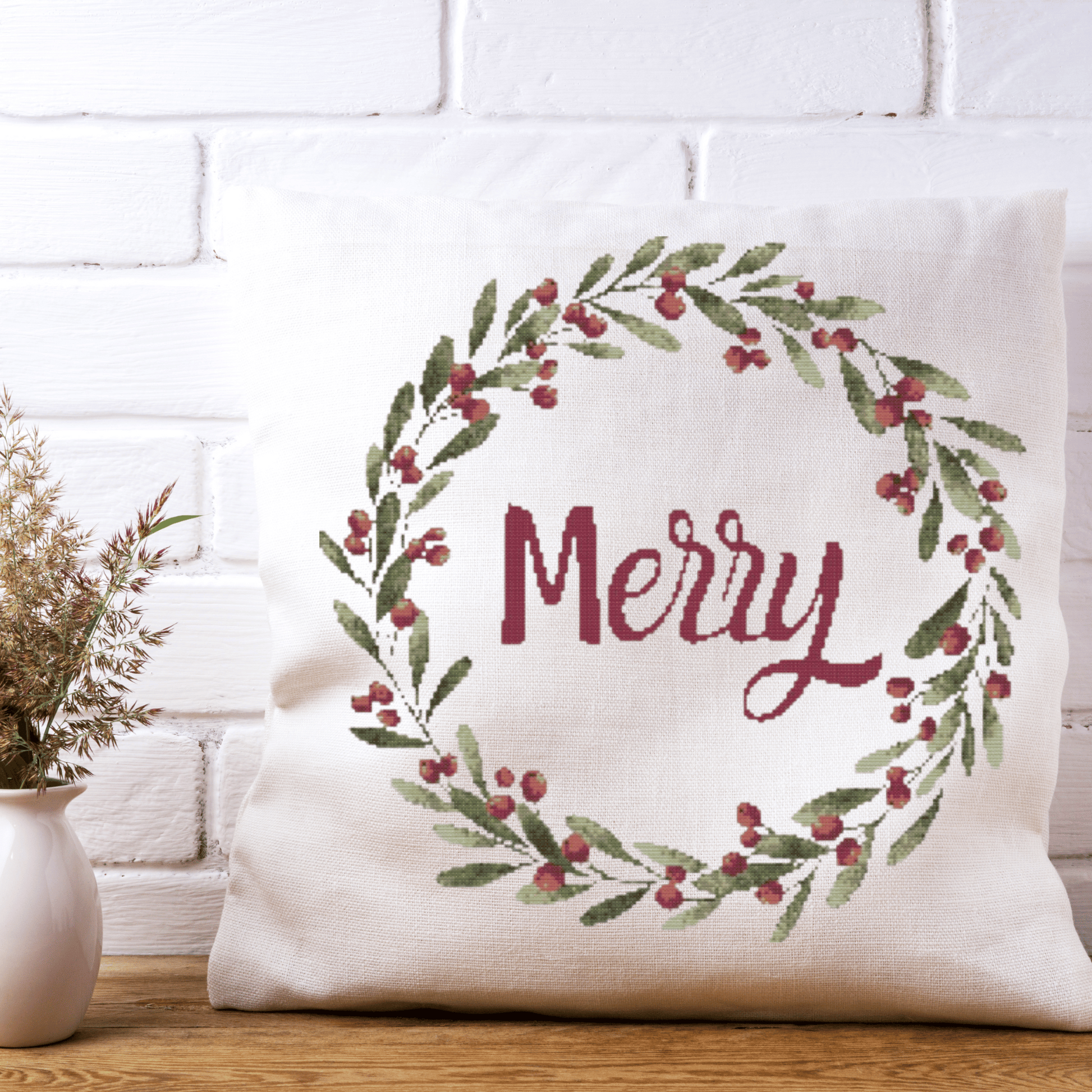 Merry Christmas Wreath Cross Stitch Pattern | Christmas Wreath Cross Stitch Chart | Christmas Cross Stitch Pattern