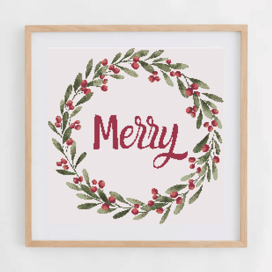 Merry Christmas Wreath Cross Stitch Pattern | Christmas Wreath Cross Stitch Chart | Christmas Cross Stitch Pattern