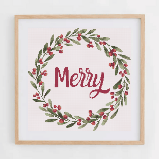 Merry Christmas Wreath Cross Stitch Pattern | Christmas Wreath Cross Stitch Chart | Christmas Cross Stitch Pattern