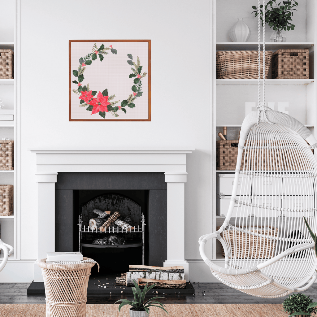 Christmas Wreath With Poinsettias Cross Stitch Pattern | Christmas Wreath Cross Stitch Chart | Christmas Cross Stitch Pattern