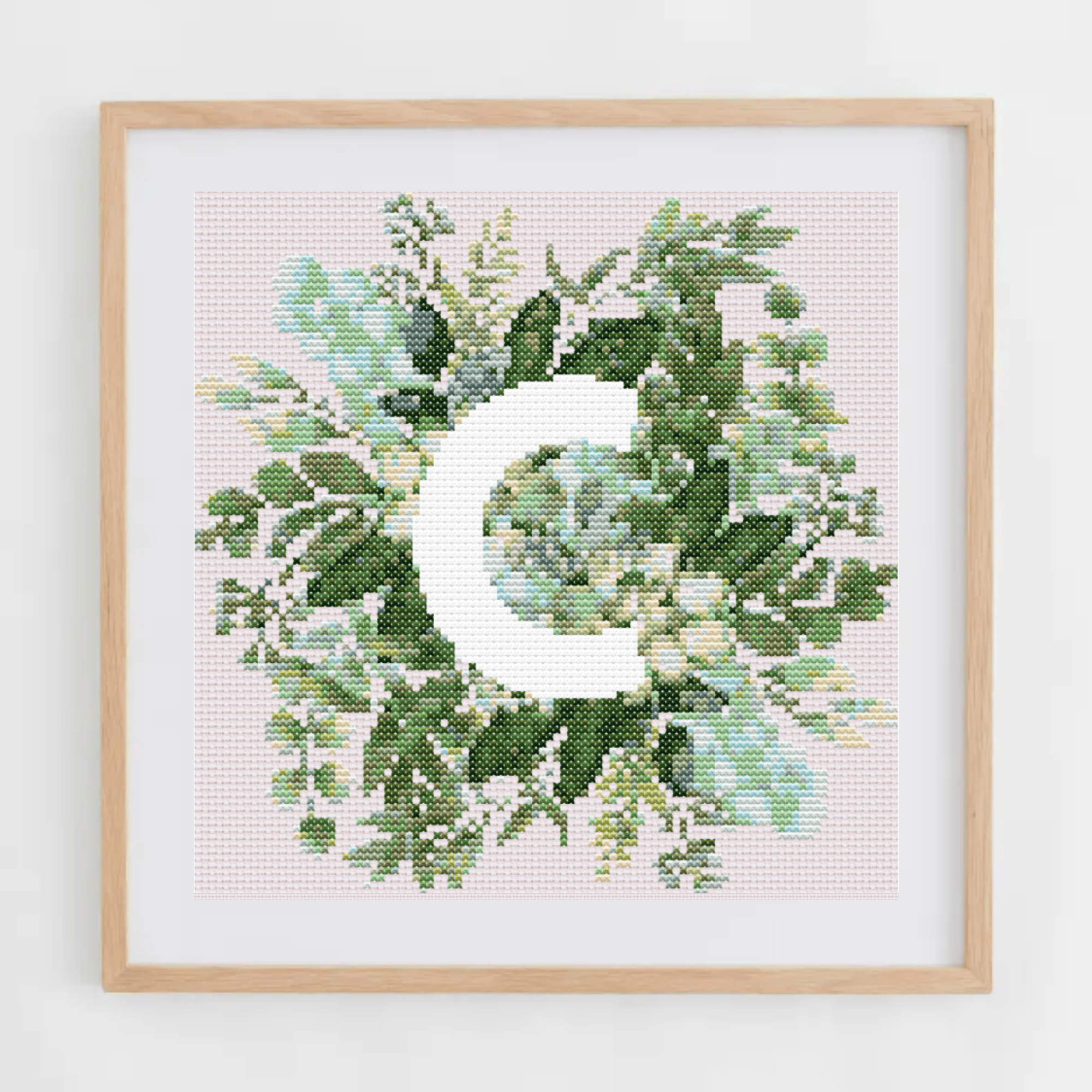 Monogram Cross-Stitch Pattern With Green Bouquet | Initial Cross Stitch Chart With Flowers and Leaves | Cross Stitch PDF