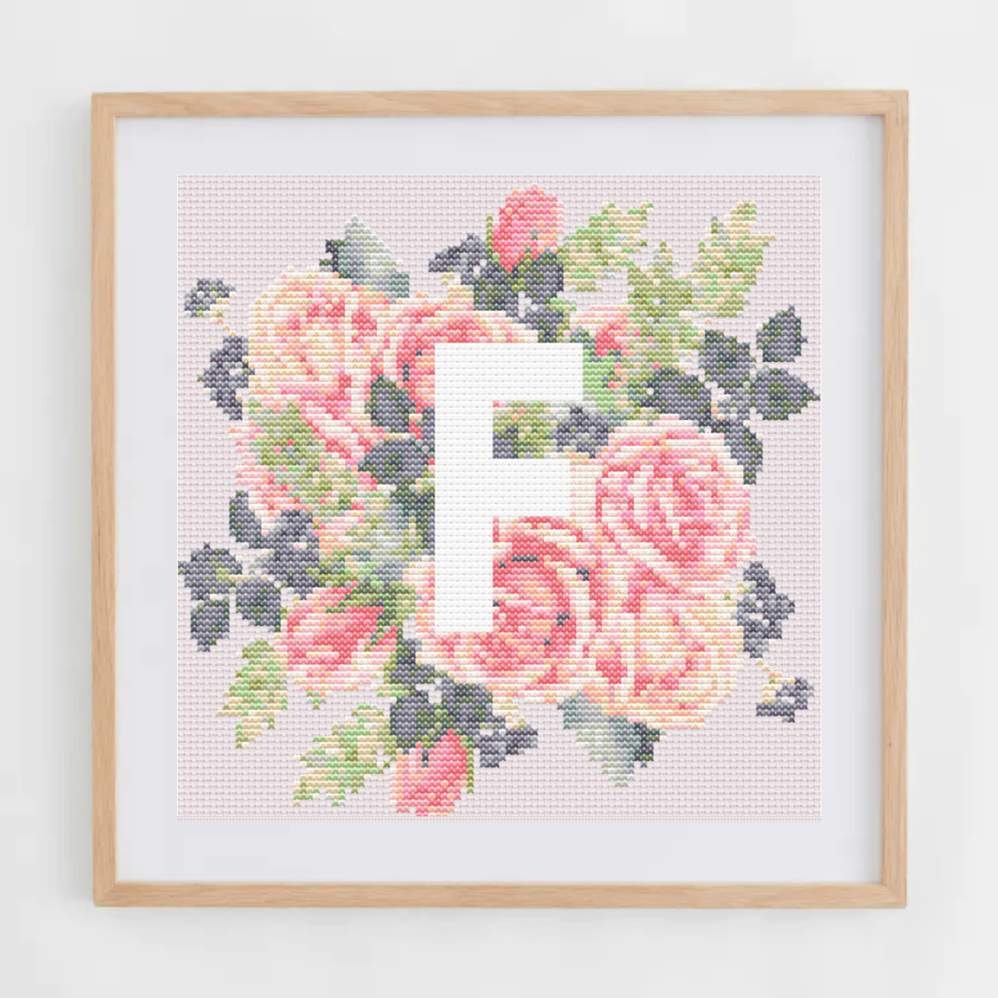 Monogram Cross-Stitch Pattern With Pink Roses | Initial Cross Stitch Chart PDF
