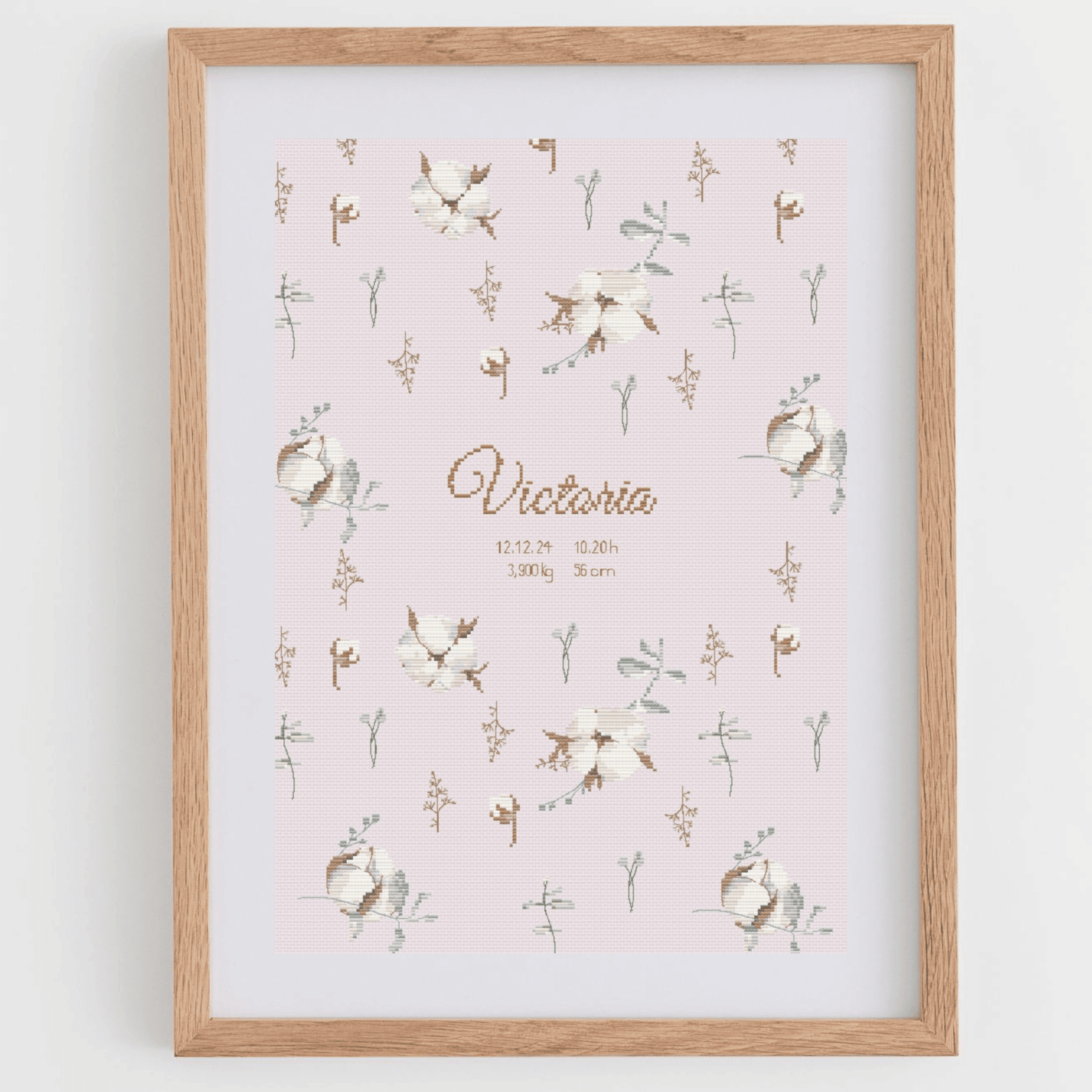 Whismical baby announcement cross-stitch pattern, with alphabets to personalize the chart with your baby details.