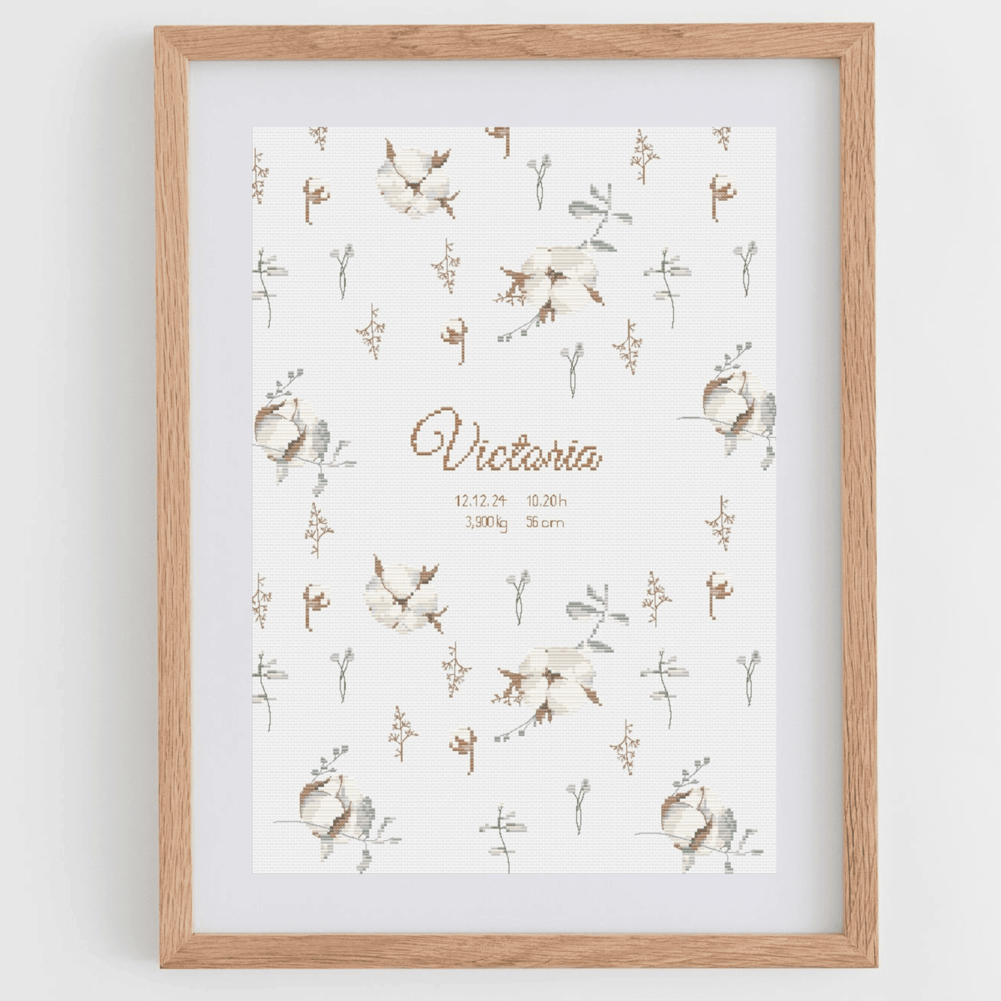 Whismical baby announcement cross-stitch pattern, with alphabets to personalize the chart with your baby details.