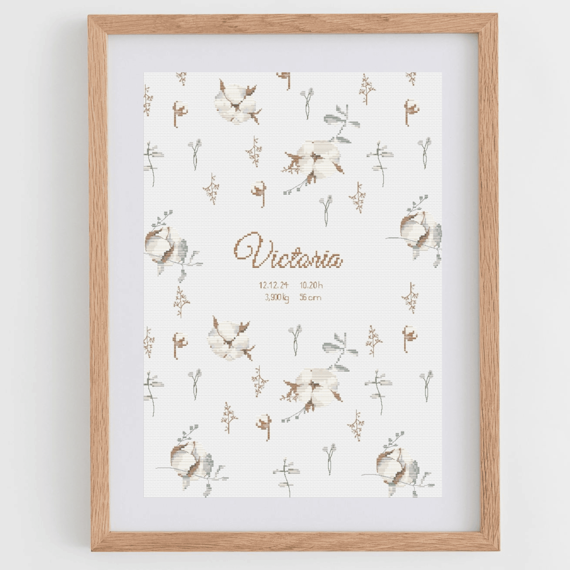 Whismical baby announcement cross-stitch pattern, with alphabets to personalize the chart with your baby details.