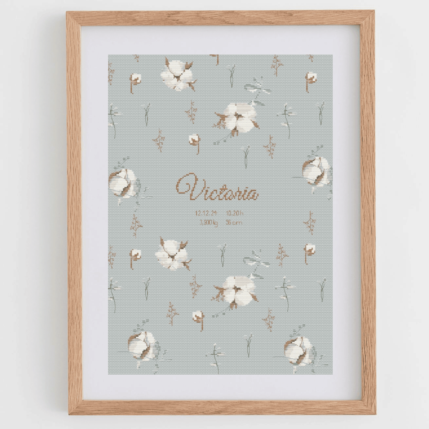 Whismical baby announcement cross-stitch pattern, with alphabets to personalize the chart with your baby details.